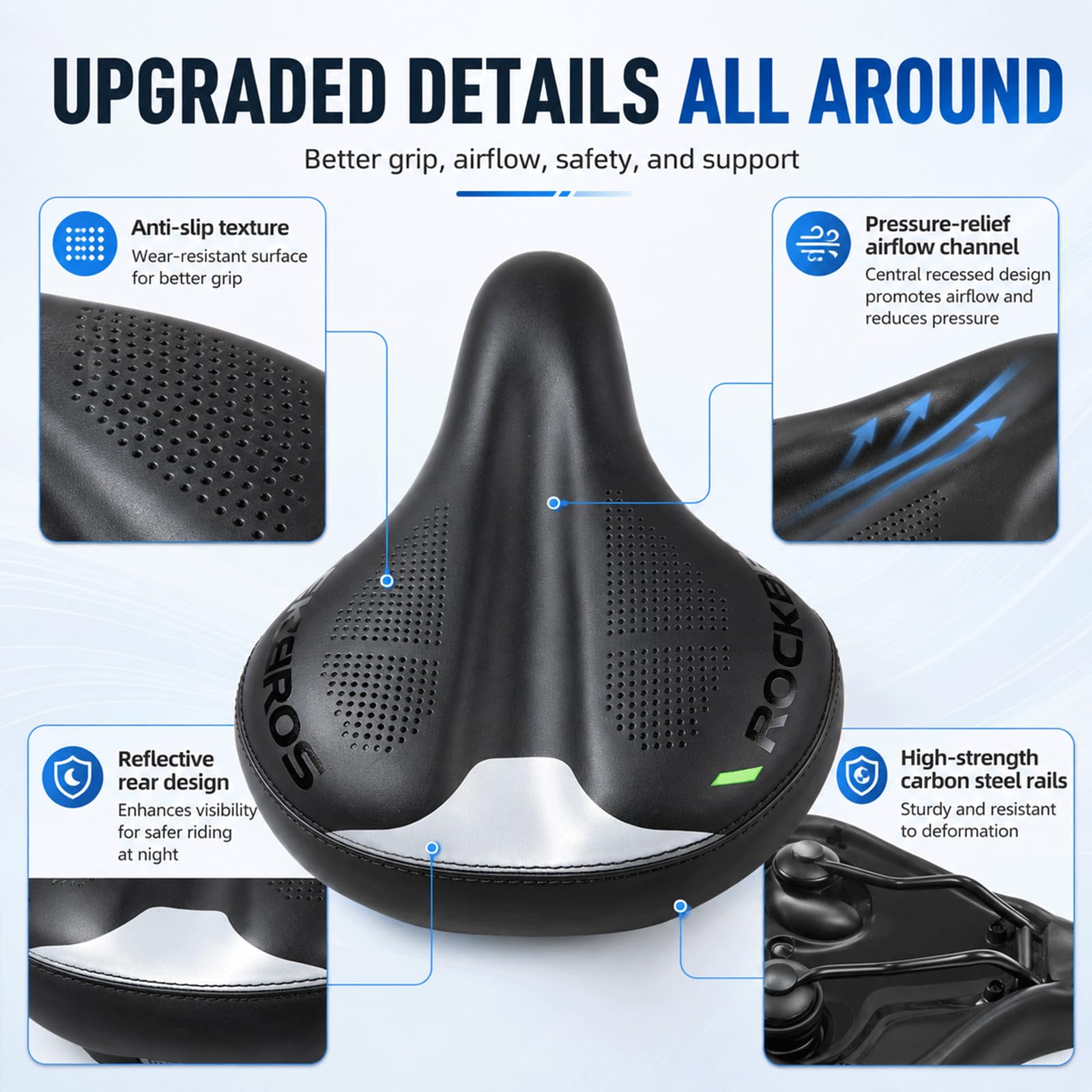 ROCKBROS Selle de Vélo Gonflable Ultra Confortable, Large Coussin à Pression d'air Réglable, PU Respirant Amorti Ergonomique Anti-Choc, Bande Réfléchissante, Compatible VTT Ville et Électrique