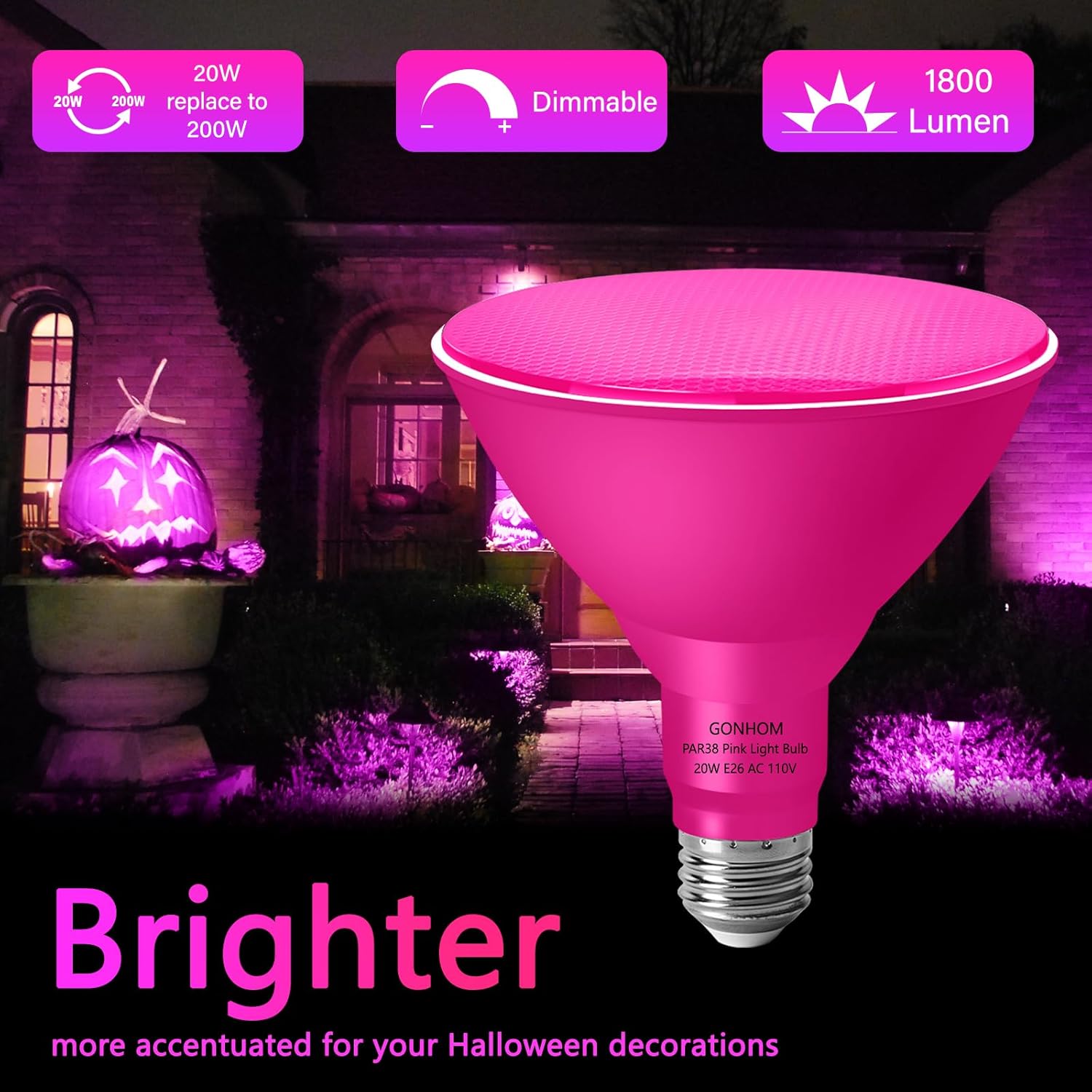 Gonhom PAR38 Flood Lights Outdoor,Dimmable LED Flood Light Bulbs,20W(Equivalent to 200W),E26 Base,Outdoor Porch,Holiday Lighting,LED Flood Light Bulb for Halloween,Christmas,2 Pack Pink