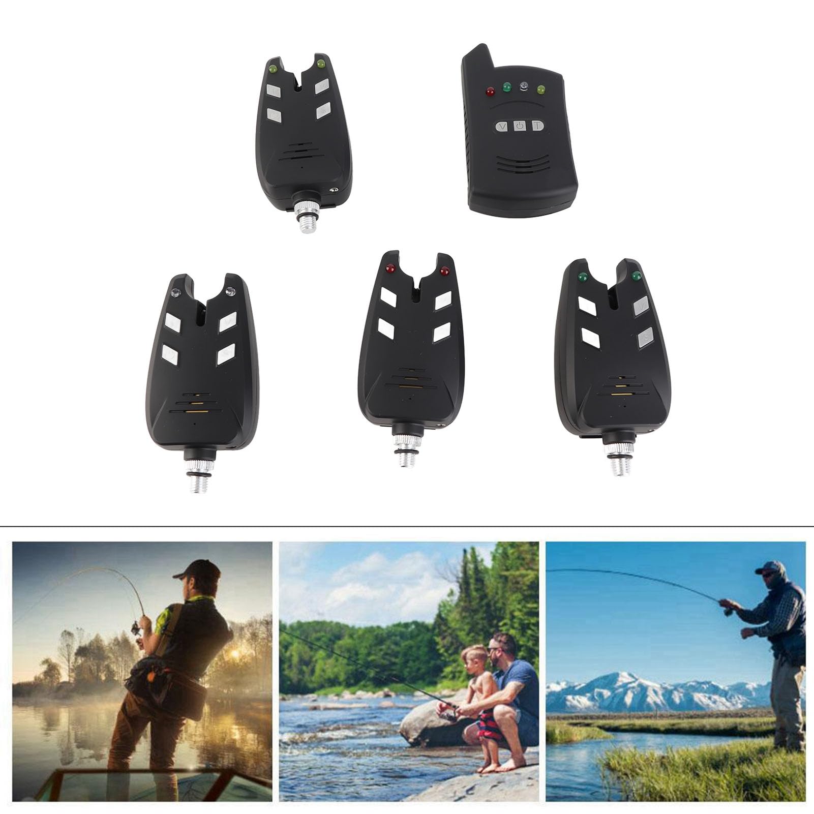 equlup Fishing Bite Alarm, 4Pcs LED Light Alert Fishing Bite Alarm Receiver Indicator Sound Alarms Fish Equipment Accessories for Outdoors Fishing