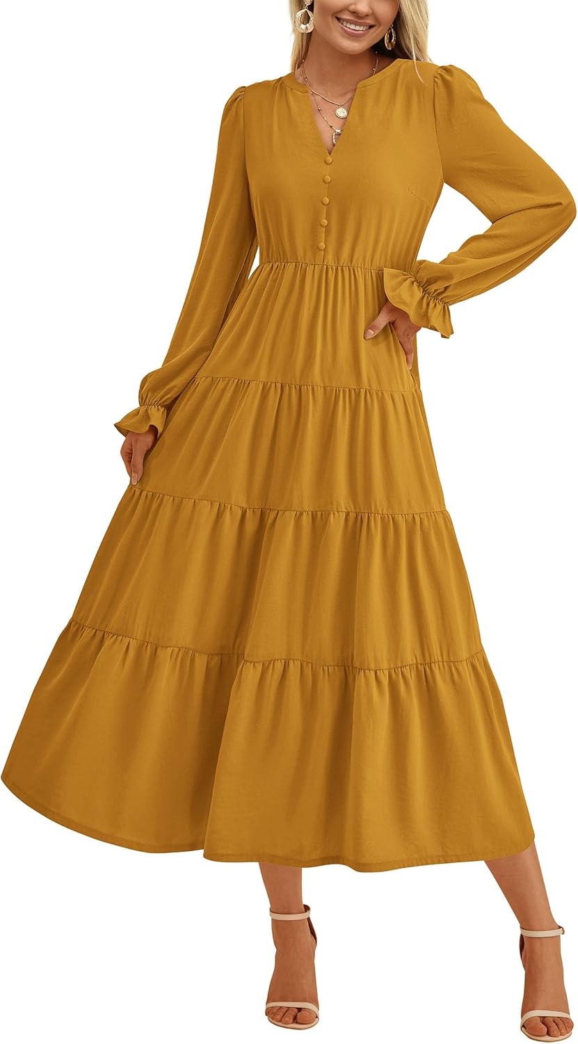 PRETTYGARDEN Long Sleeve Dress for Women 2025 Fall V Neck Tiered Aline Spring Elegant Modest Flowy Wedding Guest Maxi Dresses