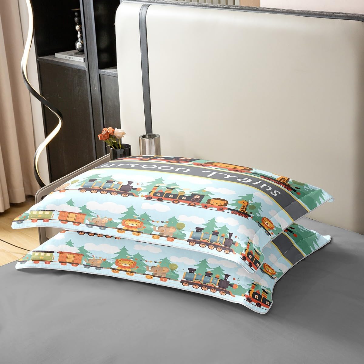Cartoon Trains Duvet Cover Cute Animal Lion Giraffe Bedding Set for Kids Teens Room Decor Steam Locomotive Train Comforter Cover Kawaii Wildlife Quilt Cover Full Size,2 Pillowcases(Not Comforter)