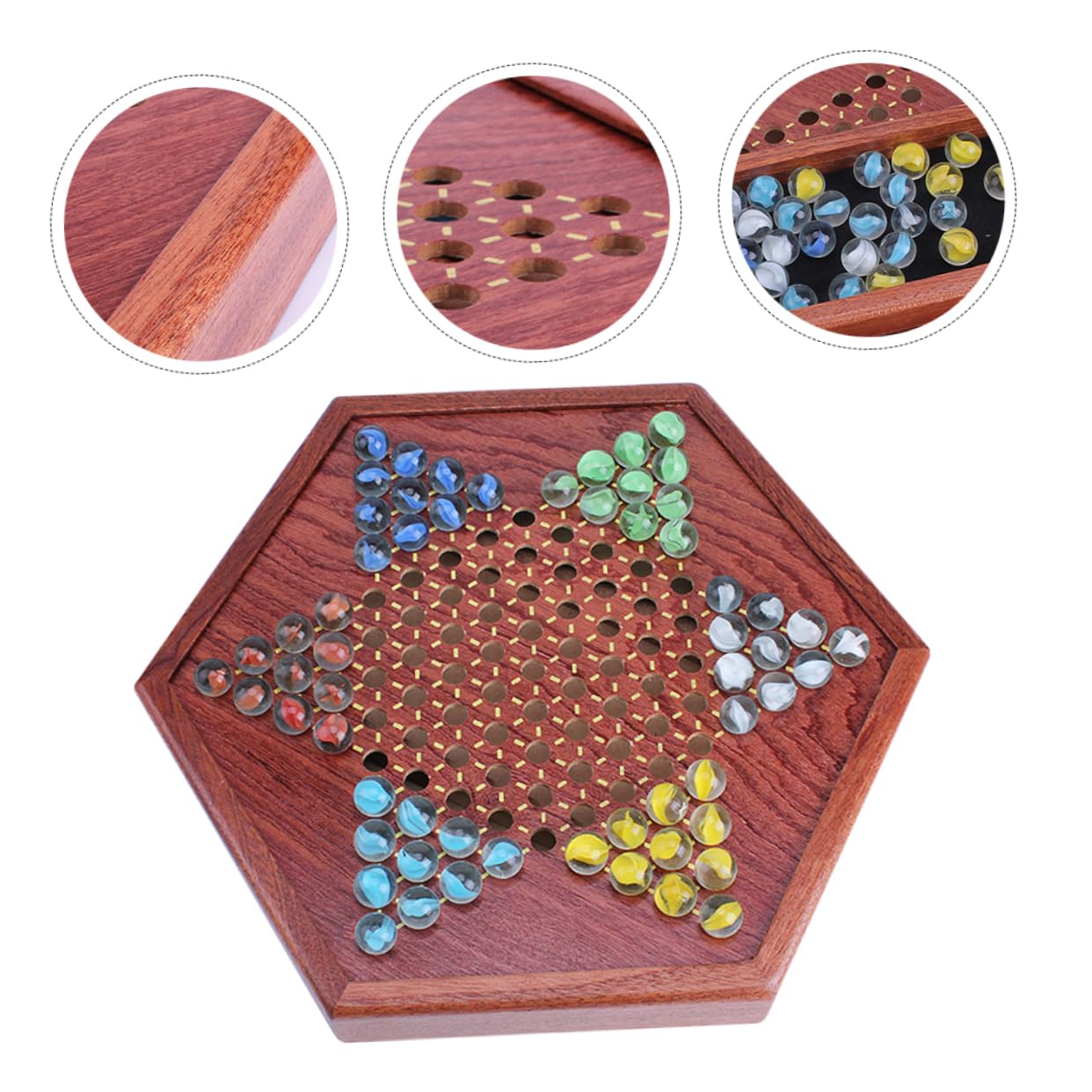 BESPORTBLE Jeu de Dames Chinoises Tiroir de Rangement pour Billes en Bois Marron avec Plateau Hexagonal pour Divertissement Familial Multi-Joueurs