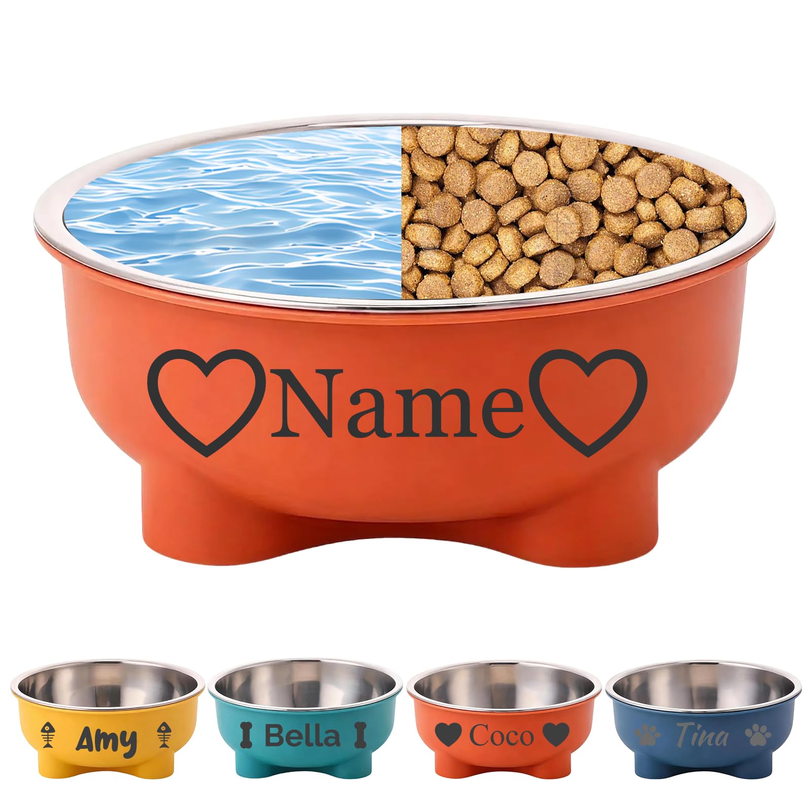 Personalised Pet Bowl with Name Engraving, Custom Stainless Steel Dog or Cat Food & Water Dish, 500ml Neck Relief Feeder Bowl (Orange)