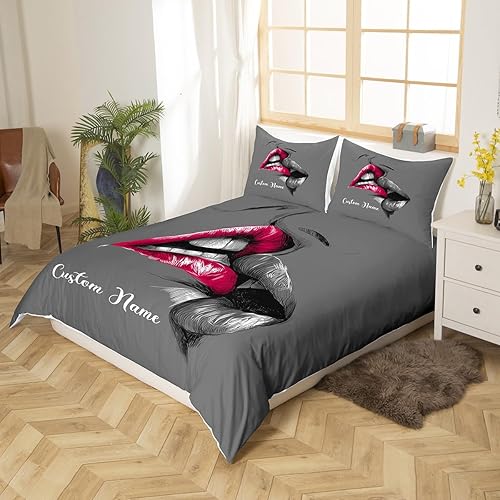 Miniatura 2 de Juego de funda de edredón personalizable con estampado 3D de labios para niñas, diseño de labios rosas y grises, funda de edredón gris, regalos de
