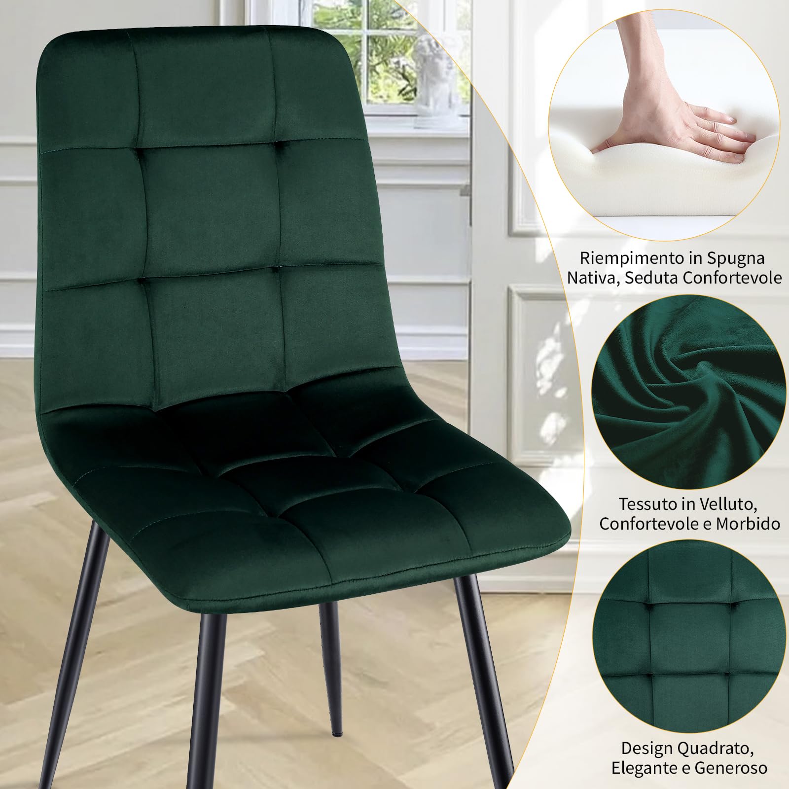 JIJIAN Set 2 Sedie da Pranzo, Sedie da Cucina in Velluto, Verde Scuro