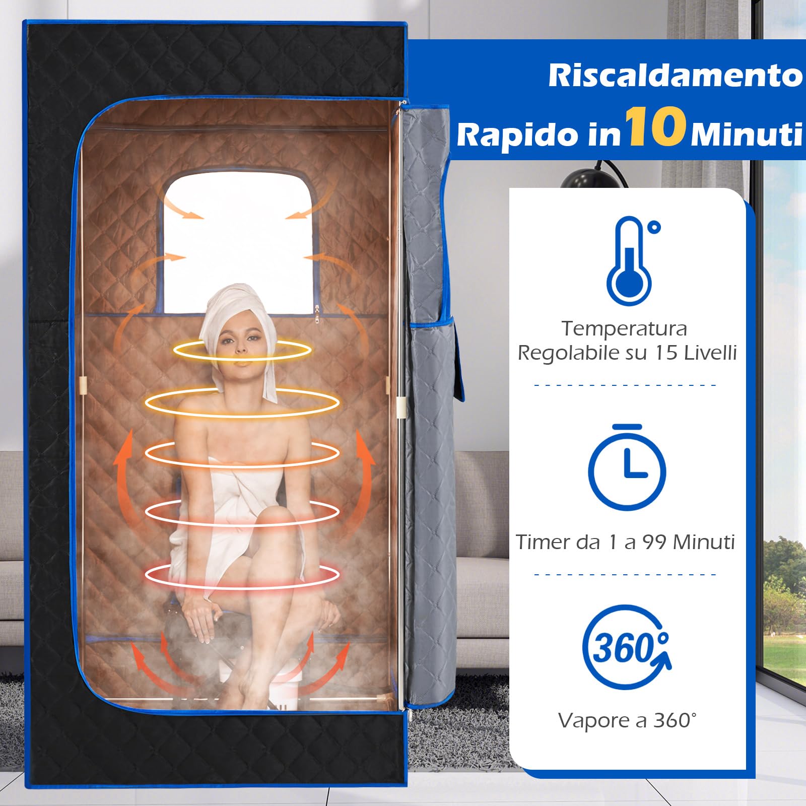 COSTWAY Cabina Sauna a Vapore 3L 1200W Riscaldamento Rapido 15 Livelli Temperatura Timer 99 Minuti Sedia Pieghevole Tappetino Blu