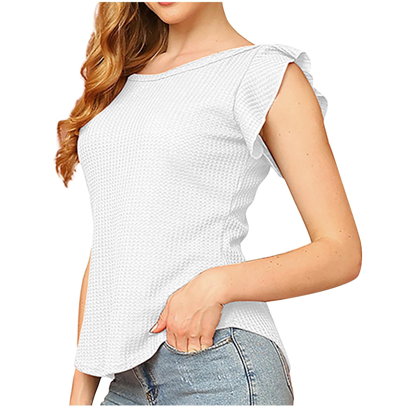 Generic Camisetas de cuello barco para mujer, camisetas para mujer, manga casquillo con volantes, túnica delgada, de ganchillo, lisas, para otoño y verano 2024