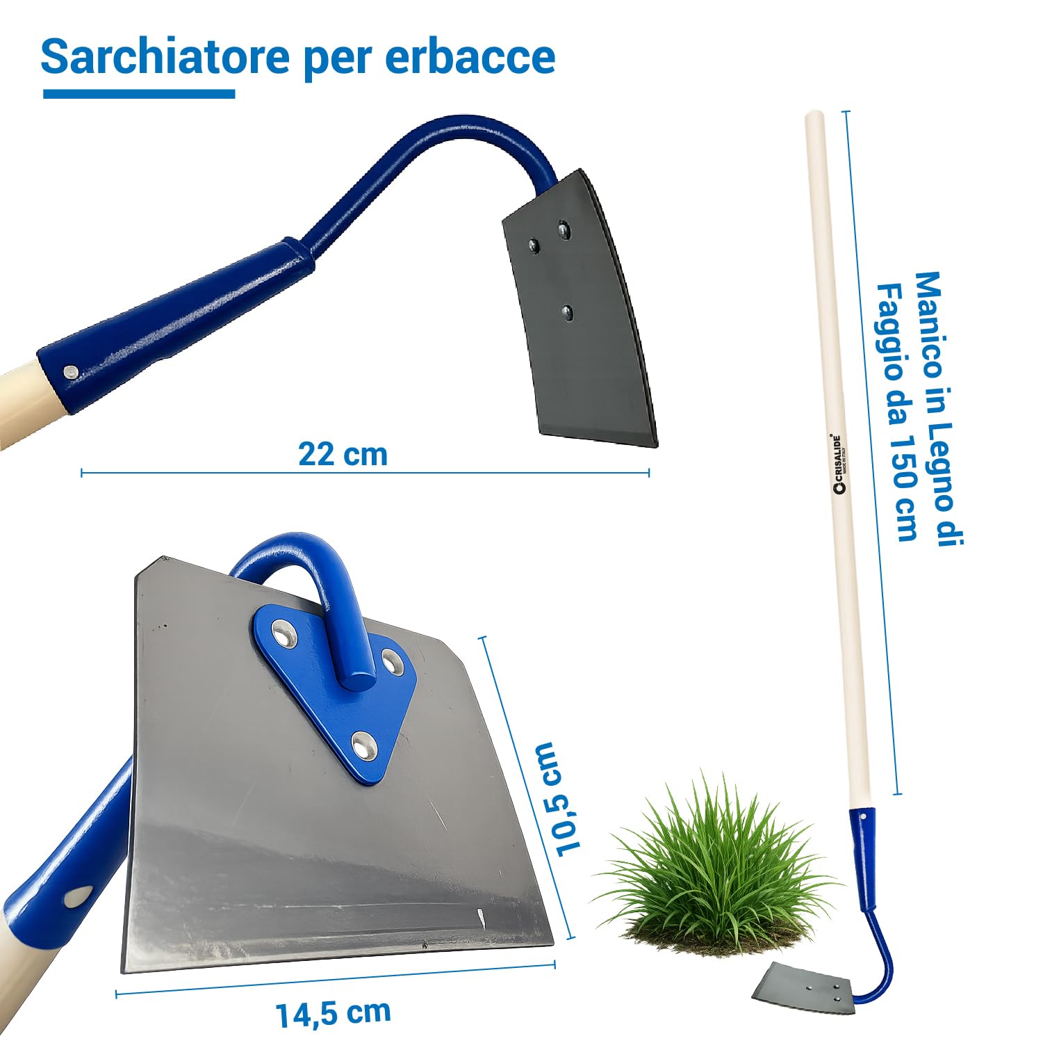 Crisalide® - Sarchiatore per Erbacce con Manico 150 cm in Legno di Faggio – Zappa Manuale da Giardino in Acciaio – Attrezzo Diserbo Preciso per Orto, Aiuole e Terreno