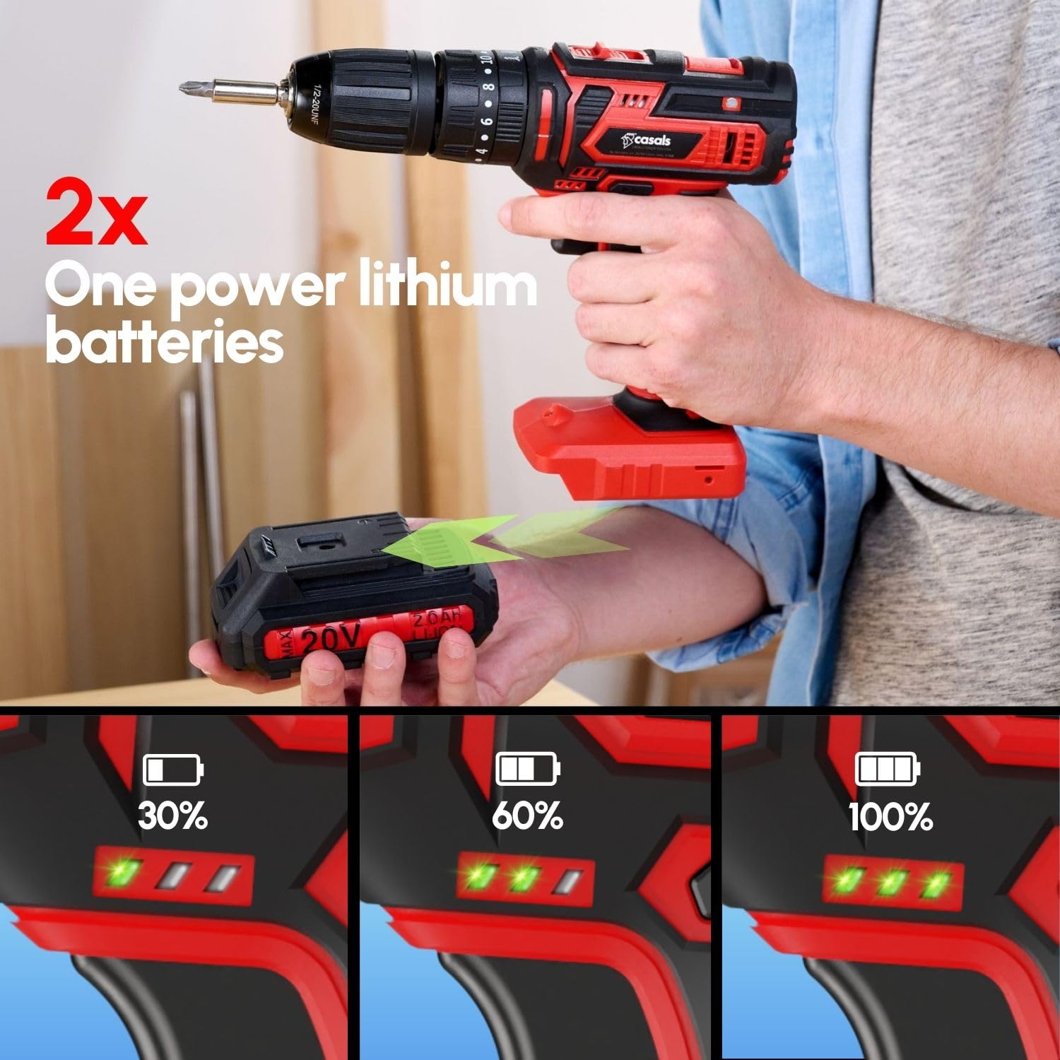 Casals - Taladro Atornillador Electrico 12V | 1400 RPM | 2 Baterías | 1500mAh Batería Larga Duración | 18+1 Posiciones | 9 Brocas + 9 Llaves + 4 Puntas + Eje Flexible + Adaptador Hexagonal + Maletín