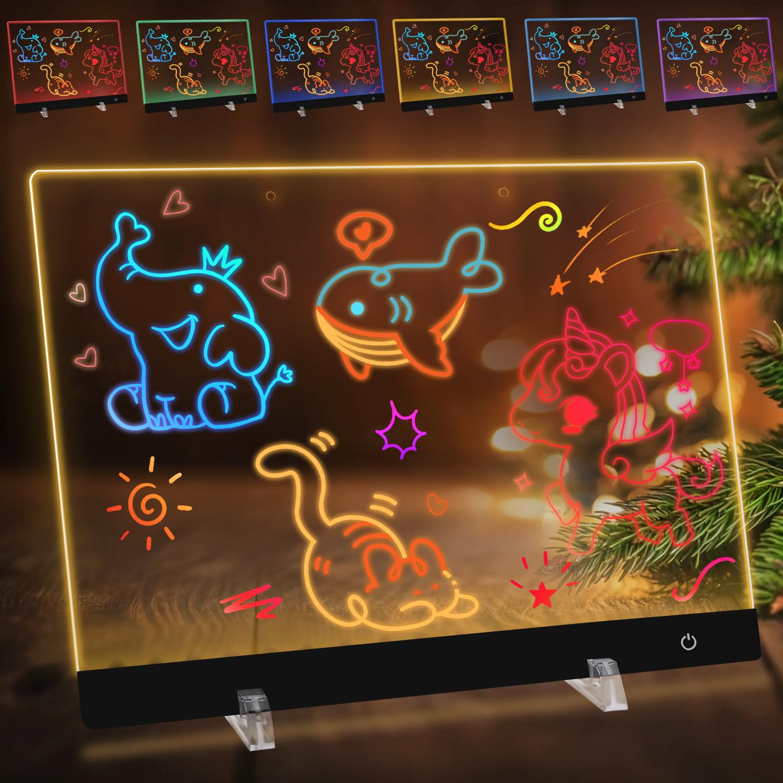 Lavagnetta in Acrilico con Luci LED, 35x25cm Lavagna Promemoria LED, 5 Modalità e 6 Colori Lavagna Luminosa per Disegnare, Tavoletta Grafica Bambini con Penna a 7 Colori, Catena, Supporto