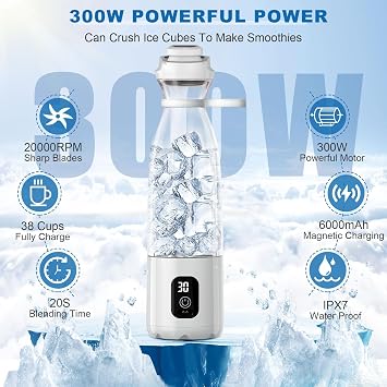 Portable Blender, Personal Blender for Shakes and Smoothies, 300W Powerful Smoothie Blender, 3x the Power of Mini Travel Blender, Strong Enough to Crush Ice Cubes, Frozen Fruits, Nuts, Seeds |