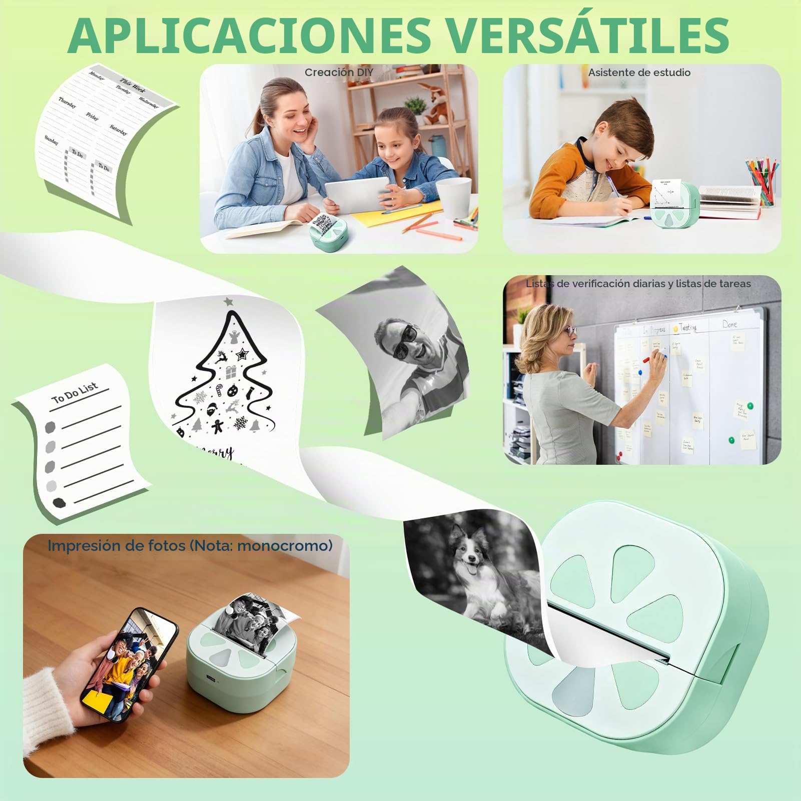 Mini Impresora Térmica,Impresora Fotos Portátil Bluetooth Inalámbrica Cable USB Compatible con iOS y Android Impresora Pegatinas con 3 Rollos de Pape para Fotos Notas Pegatinas Móvil Regalos