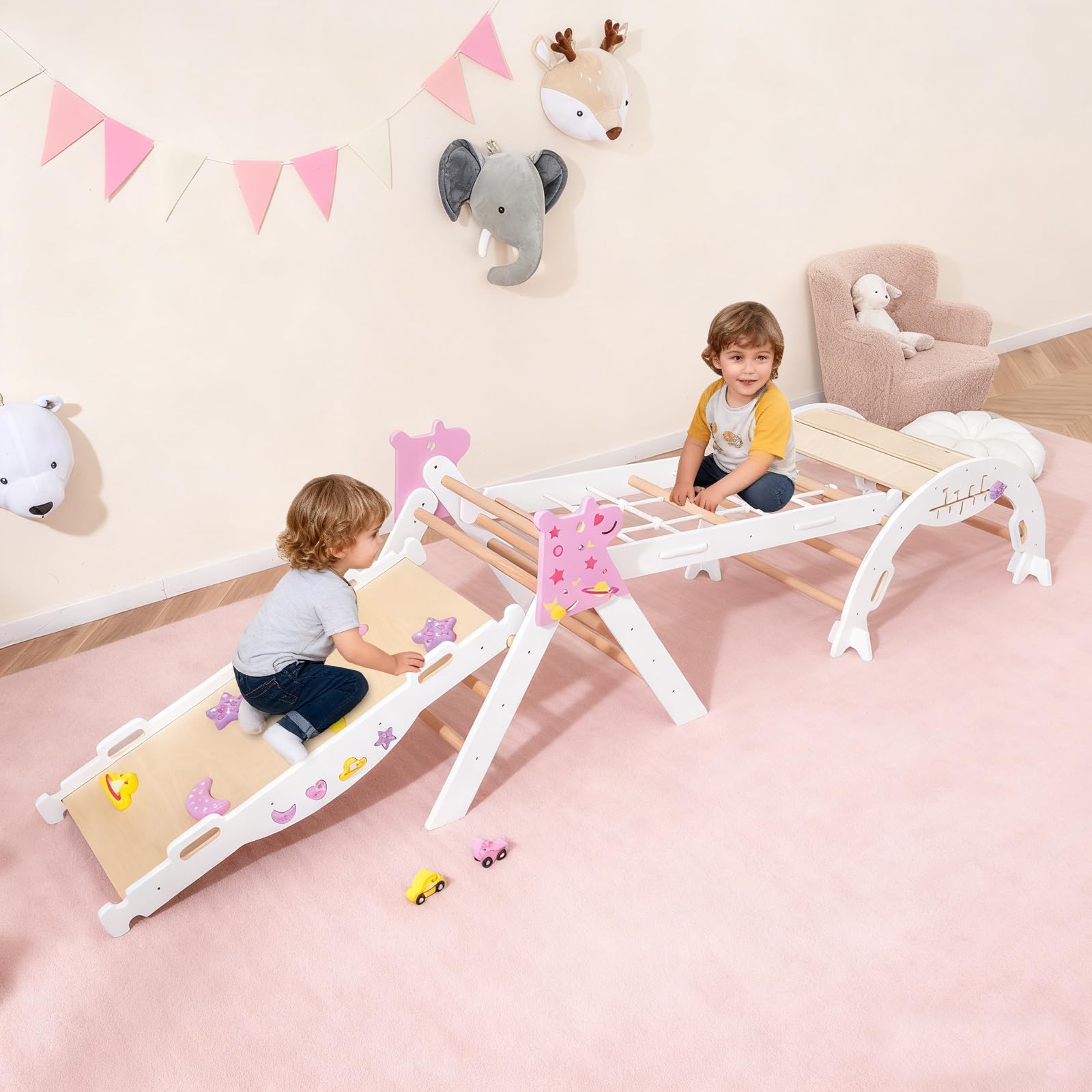 RELAX4LIFE Set da Arrampicata per Bambini, Triangolo di Arrampicata con Scivolo e Arco, Gioco di Incastri in Legno, Gioco Montessori per Bambini 1+ Anni (Unicorno-4 Pezzi | Bianco)