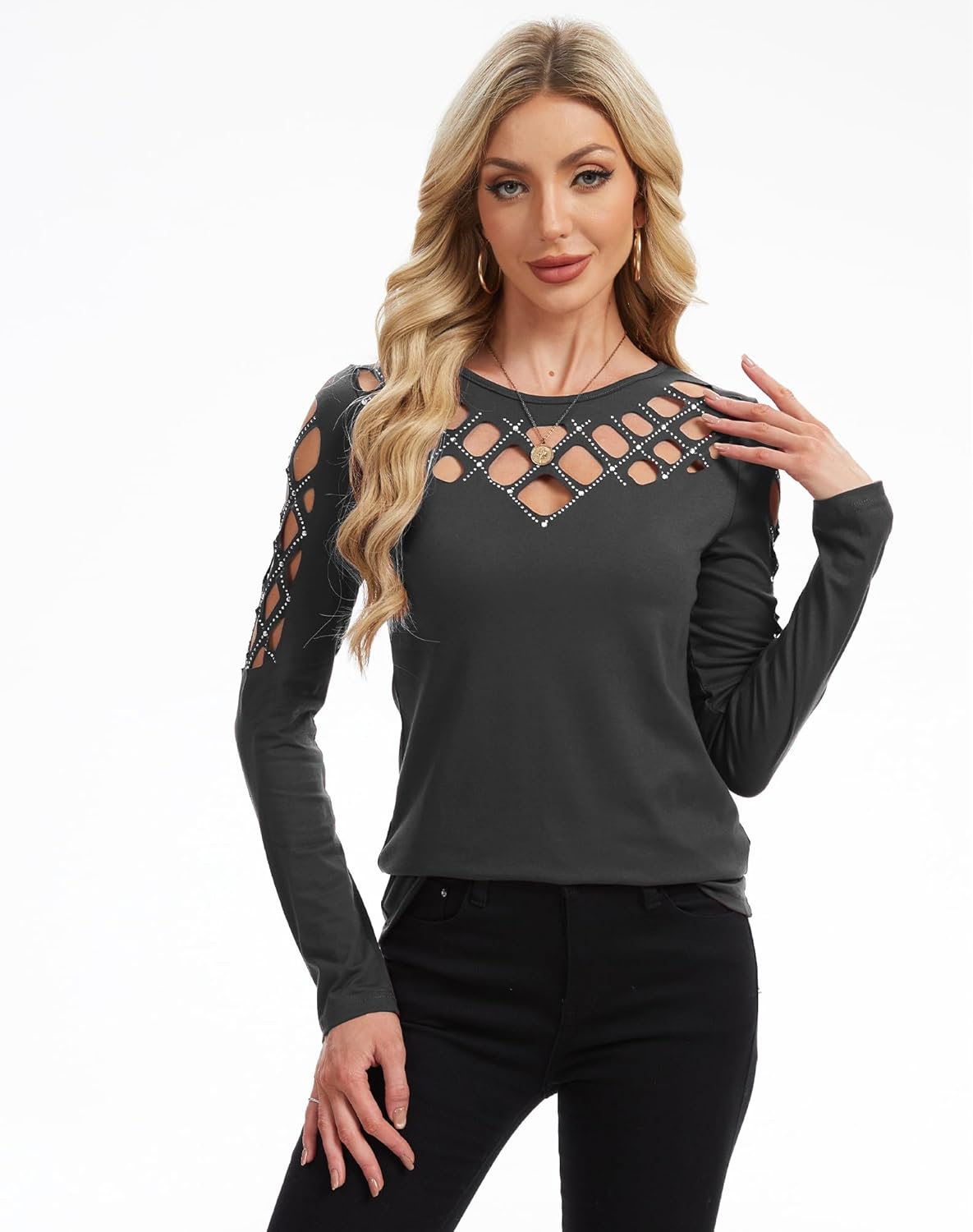 Memorose Women’s Long Sleeve Shirts Sexy Rhinestone Cut Out Cold Shoulder Tops Casual Sparkle Blouse - Image 2