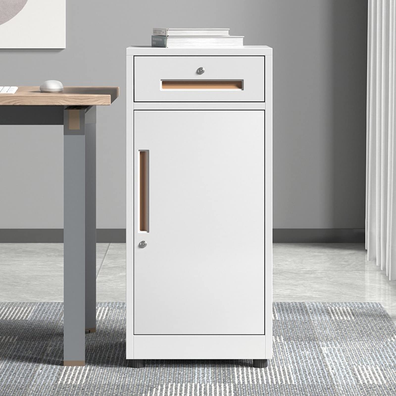 Cassettiera verticale sicura con serratura, 1 cassetto e 1 anta, ideale per casa e ufficio, soluzione elegante per l'organizzazione dei file per professionisti
