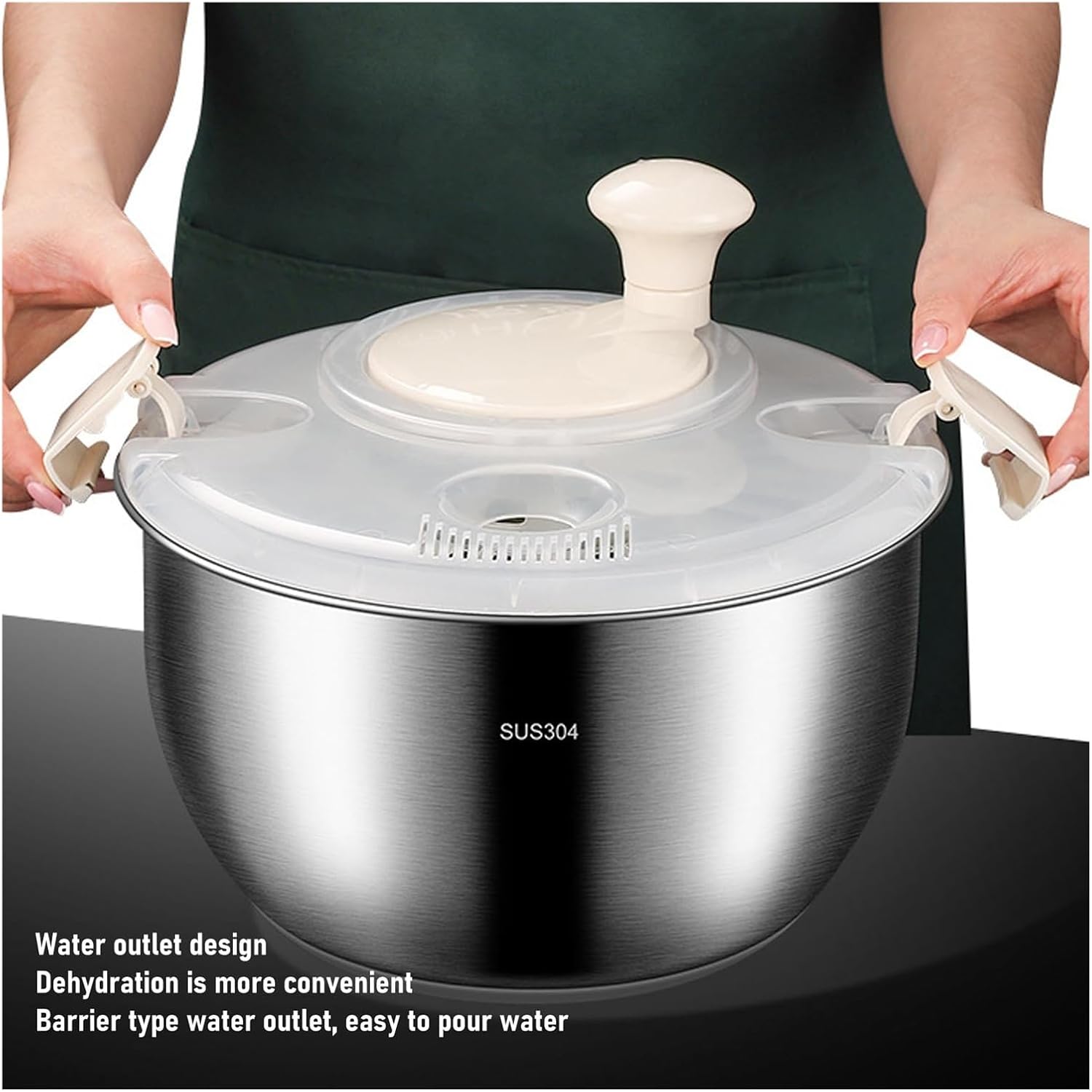 6L Stainless Steel Fruit Washer, Multifunctional Salad Dryer with Drainage Outlet, Vegetable Spinner for Dehydrating Lettuce, Fruits, Vegetables