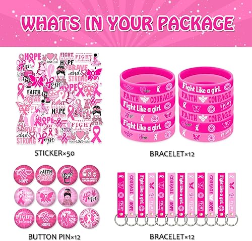 Miniatura 3 de 86 pulseras de concientización sobre el cáncer de mama, juego de decoraciones de concientización sobre el cáncer de mama incluye 50 calcomanías, 12