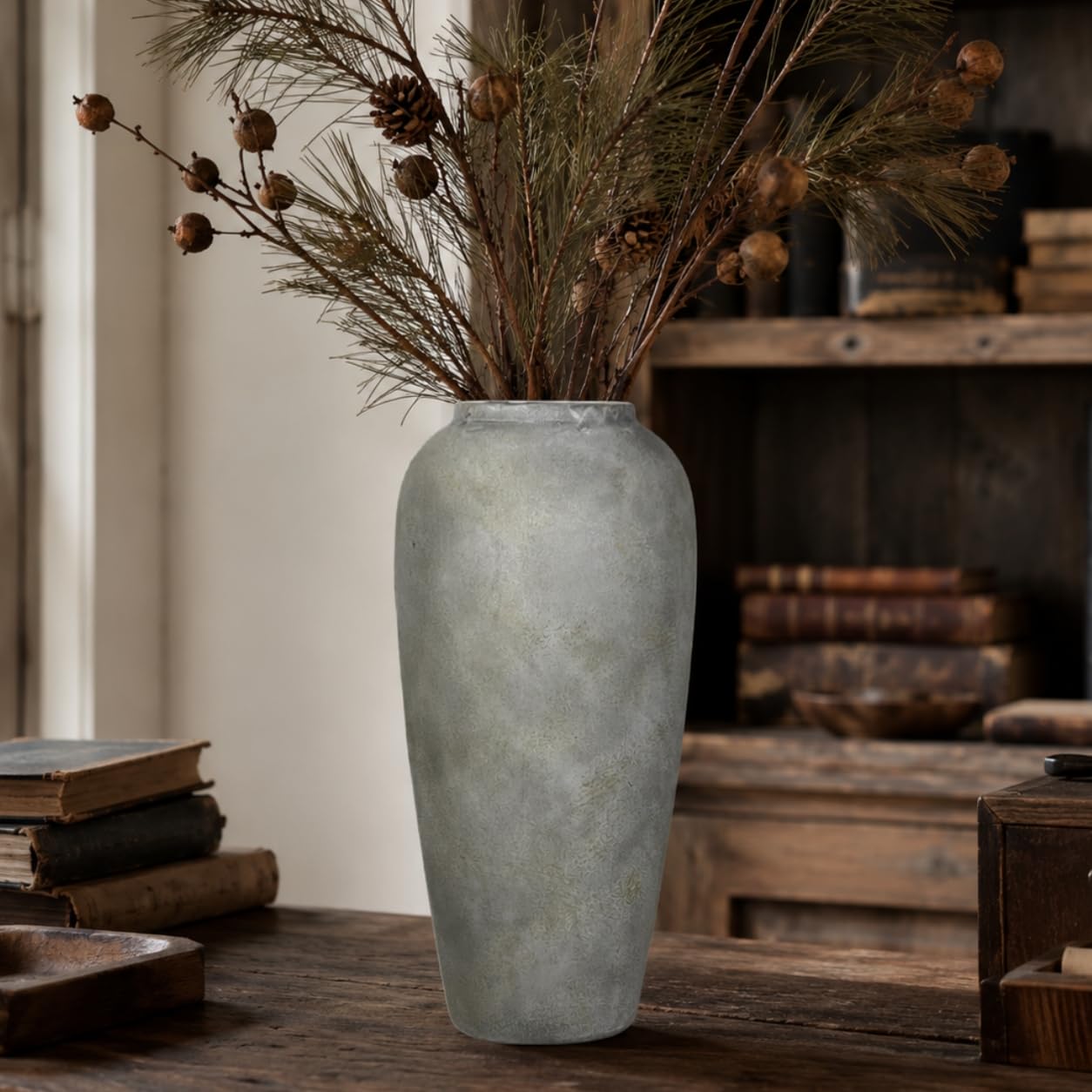 Jarrón de cerámica rústico gris blanco para sala de estar, jarrón grande de estilo vintage de 38 cm para mesa de comedor de 15 pulgadas gris blanco, regalo de boda y inauguración de la casa