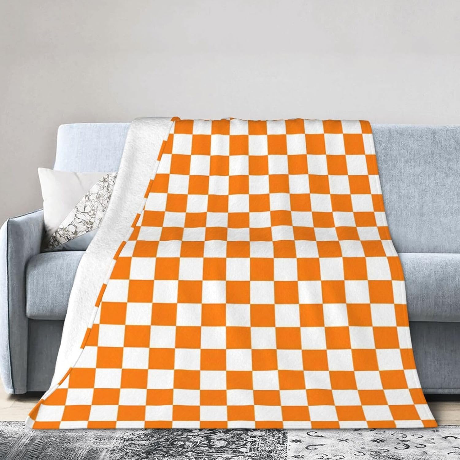 Flannel Orange White Checkered Pattern Throw Blanket- Ultra Soft Lightweight for Bed, Sofa, Travel & Camping 80"X60" Inch
