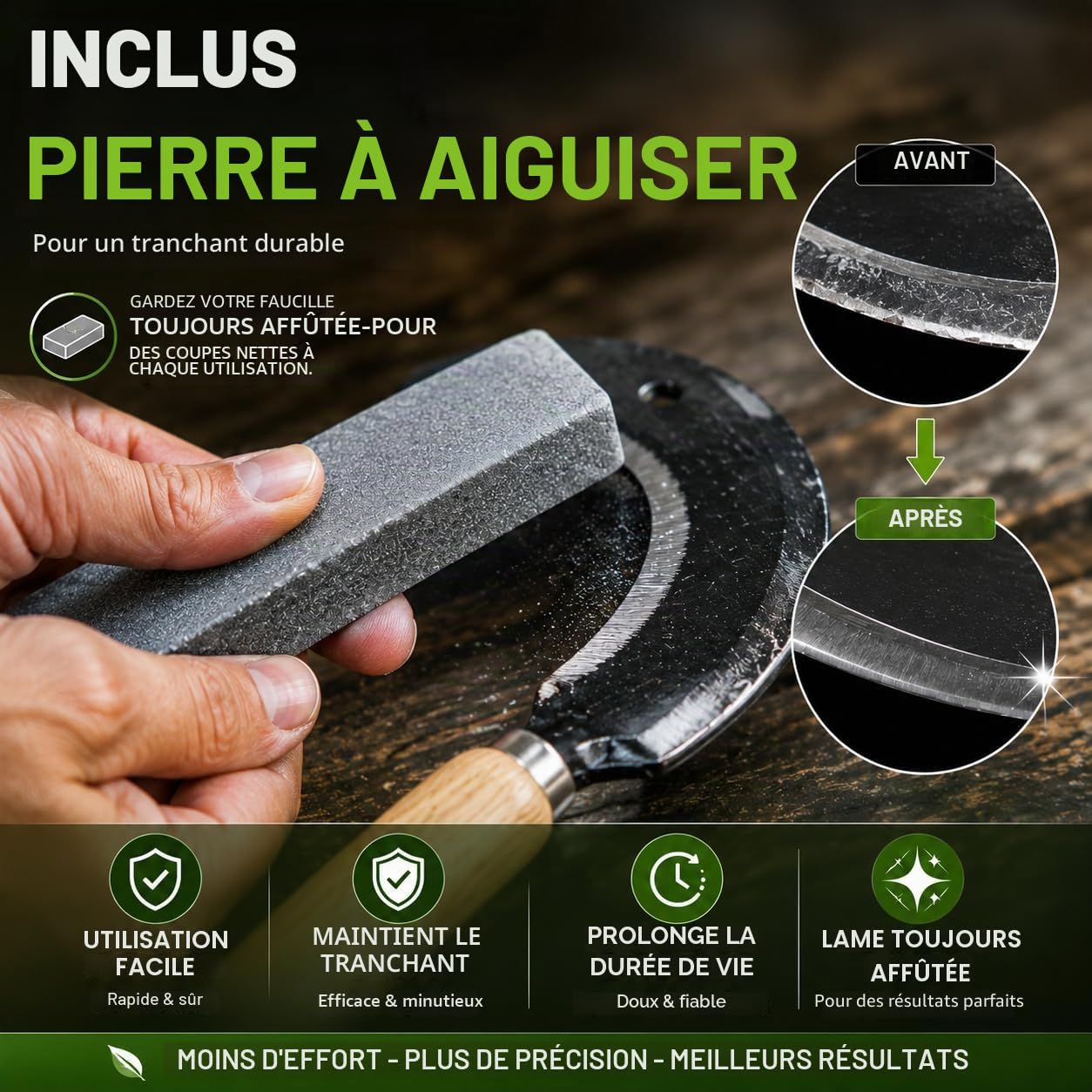 Set de faucilles de qualité supérieure avec pierre à aiguiser, faucille tranchante, faucilles à main 35 cm, petites faux, tondeuse, coupe-herbe, manche en bois, faucille forgée pour faucher