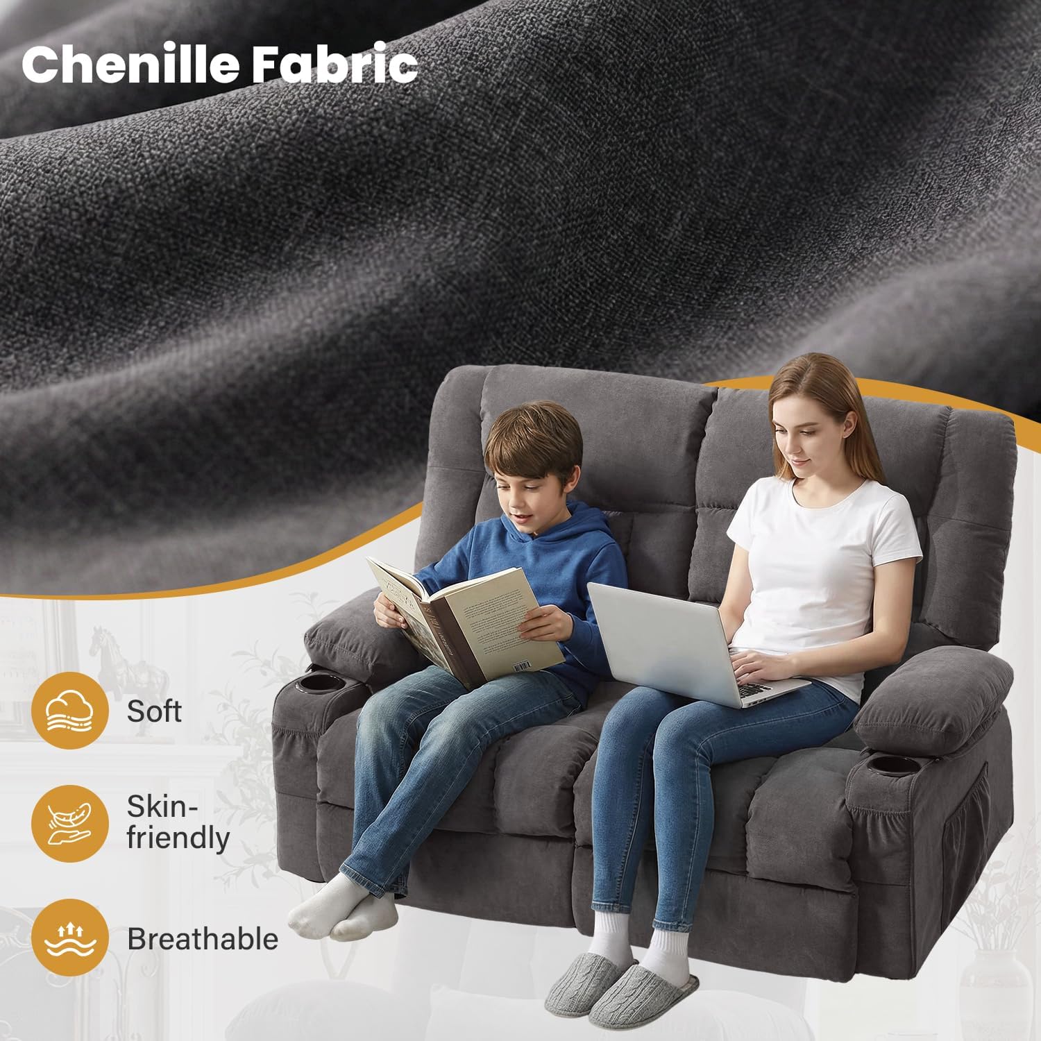 BOSMILLER Reclining Loveseat with Cup Holders for Living Room 2 Seat Manual Loveseat Recliner with Side Pocket | Loveseat recliner