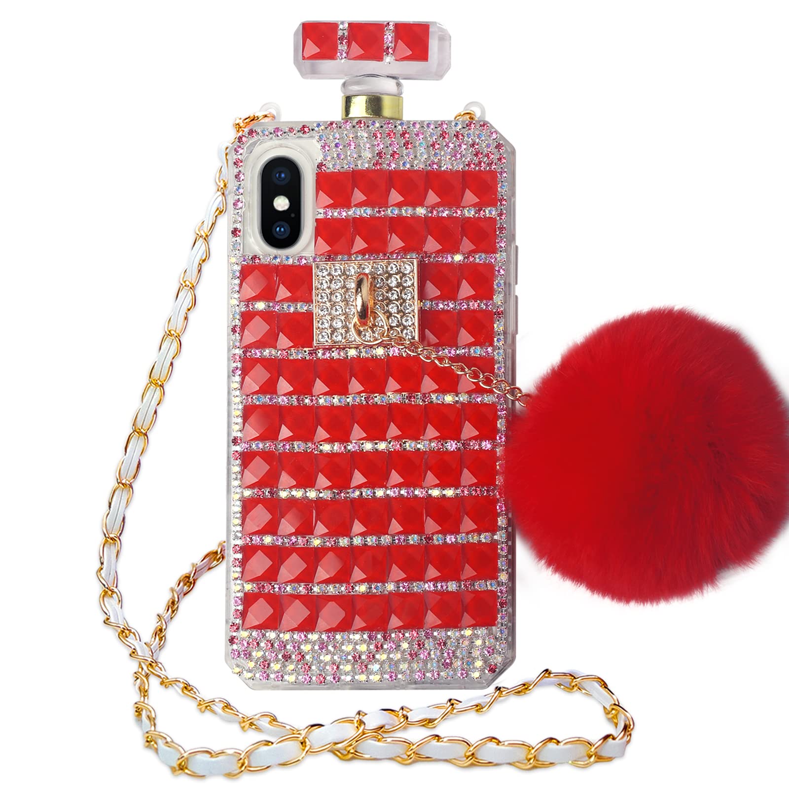 Losin Perfume Case Compatible with iPhone 7 Plus/iPhone 8 Plus 5.5 inch Luxury Bling Diamond Rhinestone Bow Perfume Bottle Furry Plush Ball Bling Glitter Gemstone Soft TPU Back Case with Lanyard