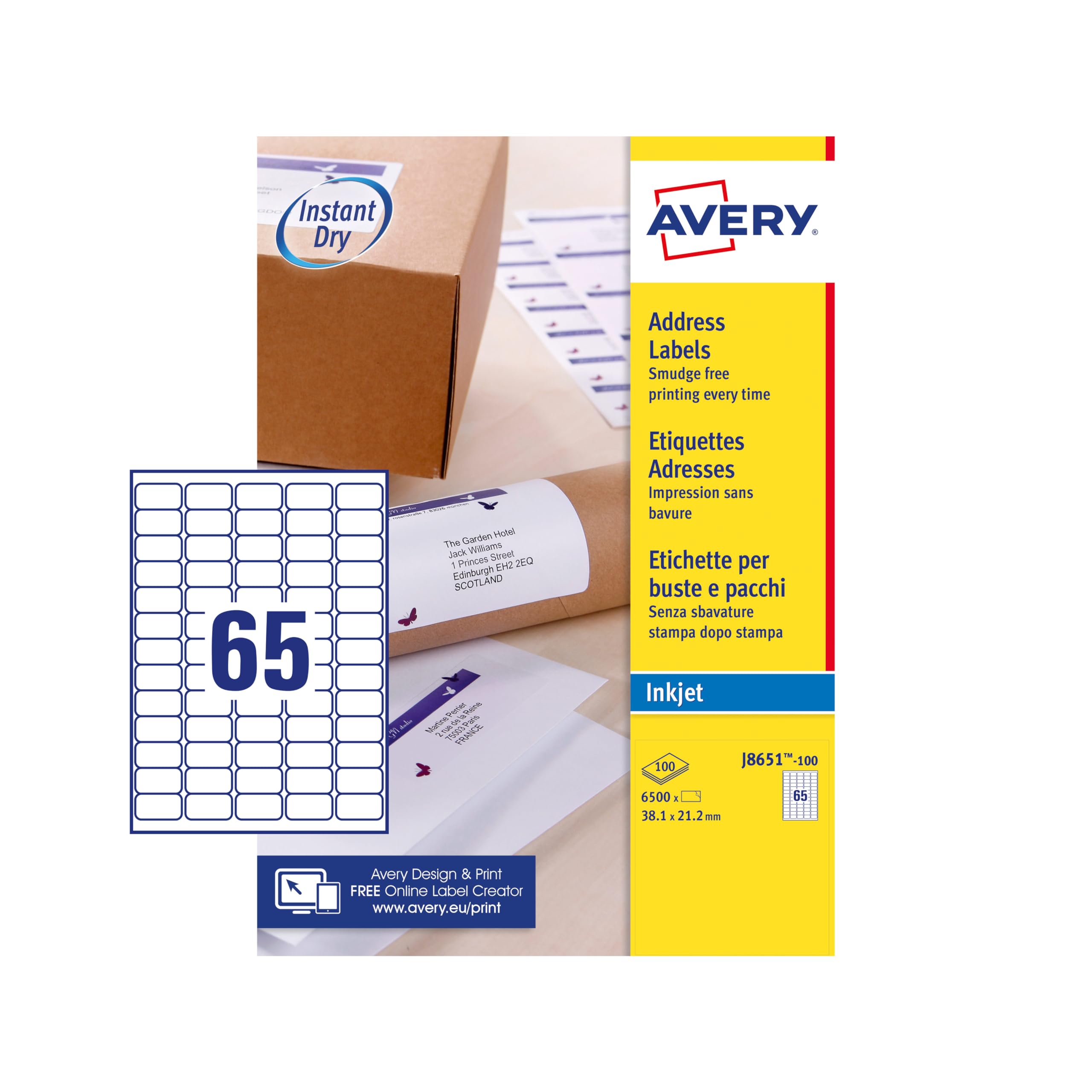Avery J8651-100 QuickDry Mini Address Labels 100 sheets - 65 Labels per Sheet