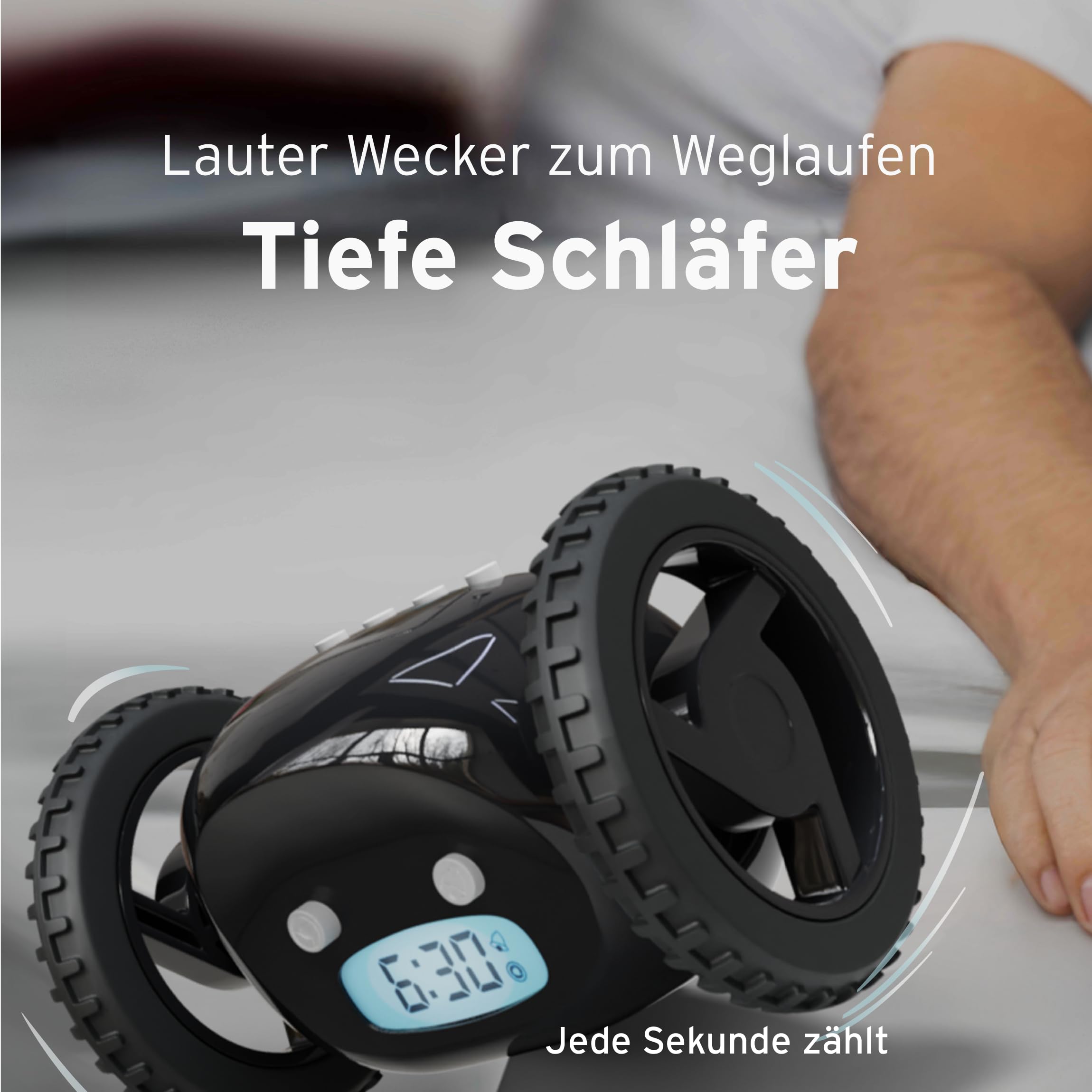 CLOCKY Lauter Digital Wecker Laut für tiefschläfer Erwachsene Jugendliche Lustig für schwerhörige schwere Schläfer auf Rädern Weglaufen Fahrender Springen Wegrollen Lustiges Geschenk (Schwarze Räder)