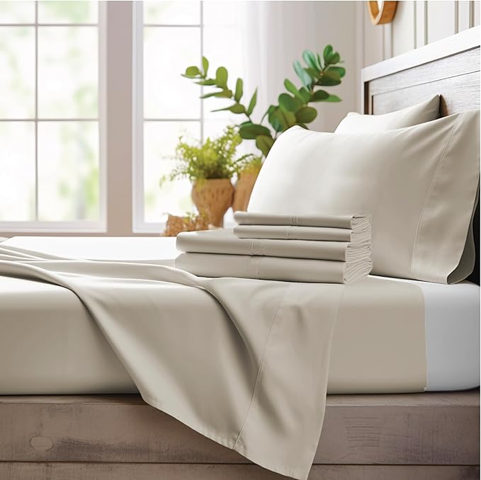 Bamboo Bay 4 Piece Queen Size Sheet Set, 100% Viscose Made from Bamboo, Breathable, Ultra Soft Cooling Bed Sheets for Hot Sleepers, Beddings with Deep Pockets Fit 16" Mattress, Ivory