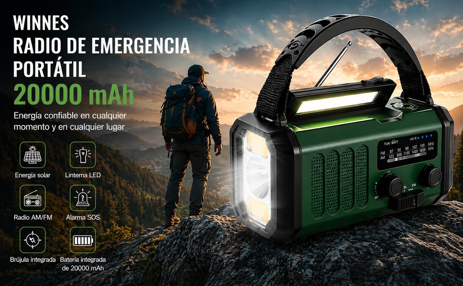 Winnes Radio de Emergencia portátil de 20000 mAh, Alarma SOS, Radio FM/Am, con luz de Lectura, brújula, Soporte para Coche Manual y energía Solar, para Camping al Aire Libre, Cortes de energía