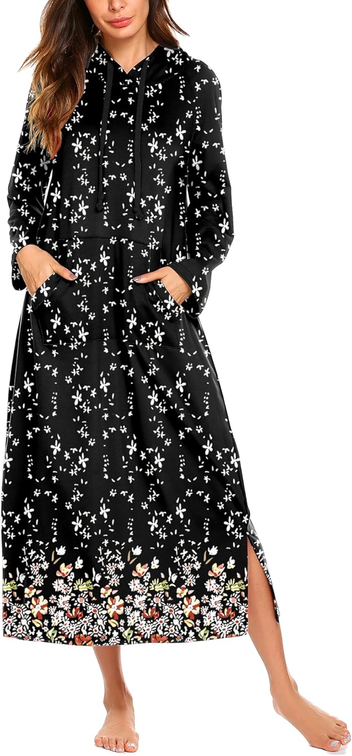 Ekouaer Nightgowns for Women Cotton Nightgown Long Sleeve Hooded Night Gown Contrast Color Full Length Loungewear with Pocket