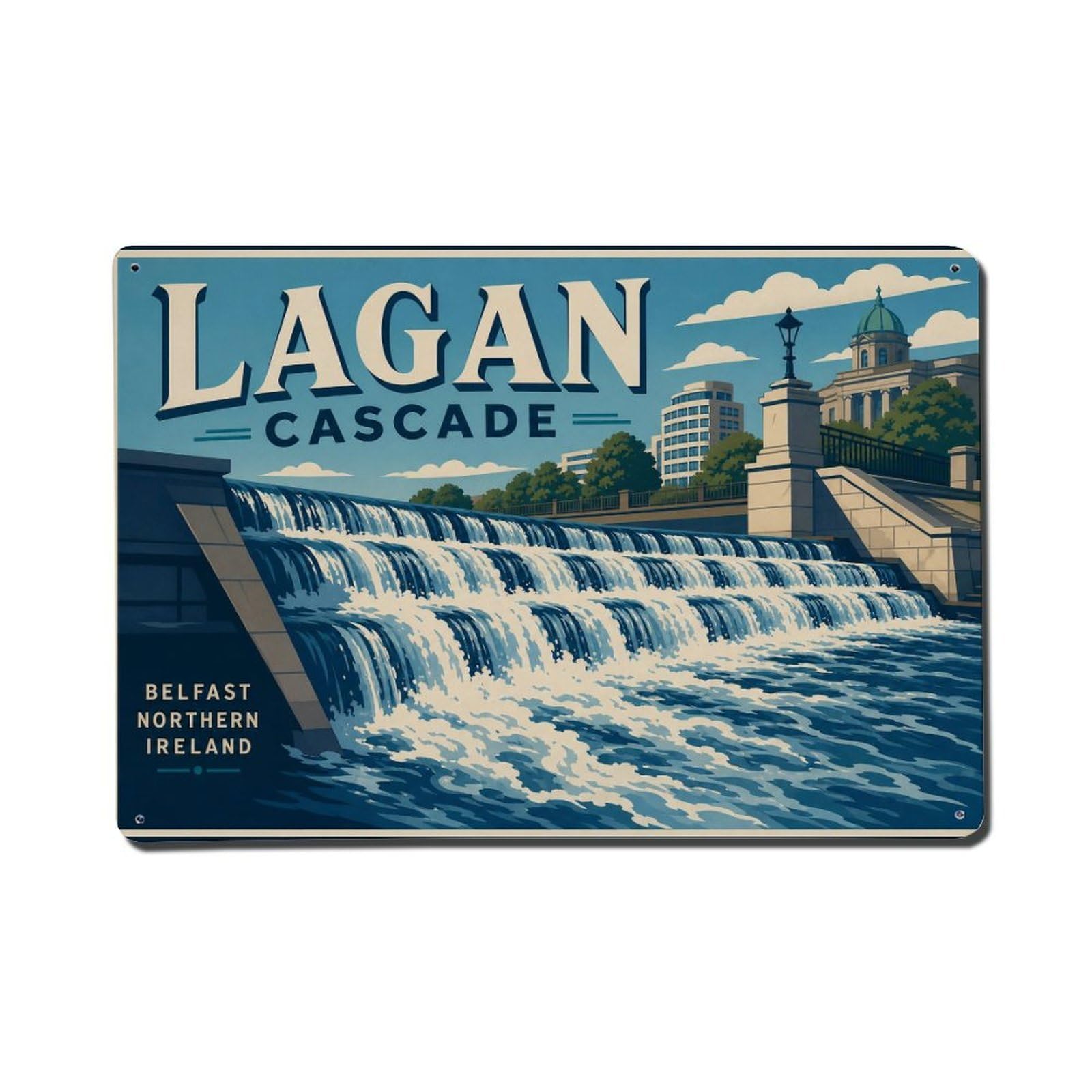 Vintage Travel Lagan Weir Belfast River Cascade Water 1 Metal Tin Sign Wall Decor for Cafe, Club, Garden Metal Poster 8x12Inch