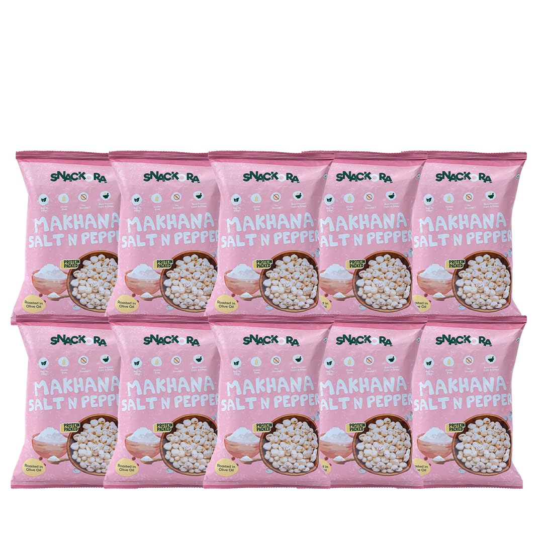 SNACKORA Roasted Makhana| Healthy Foxnuts Roasted in Olive Oil | Protein-Packed, Gluten-Free, Rich in Fibre, No Trans Fat, Light & Crispy Snack (Pack of 10, Salt N Papper)-image-39