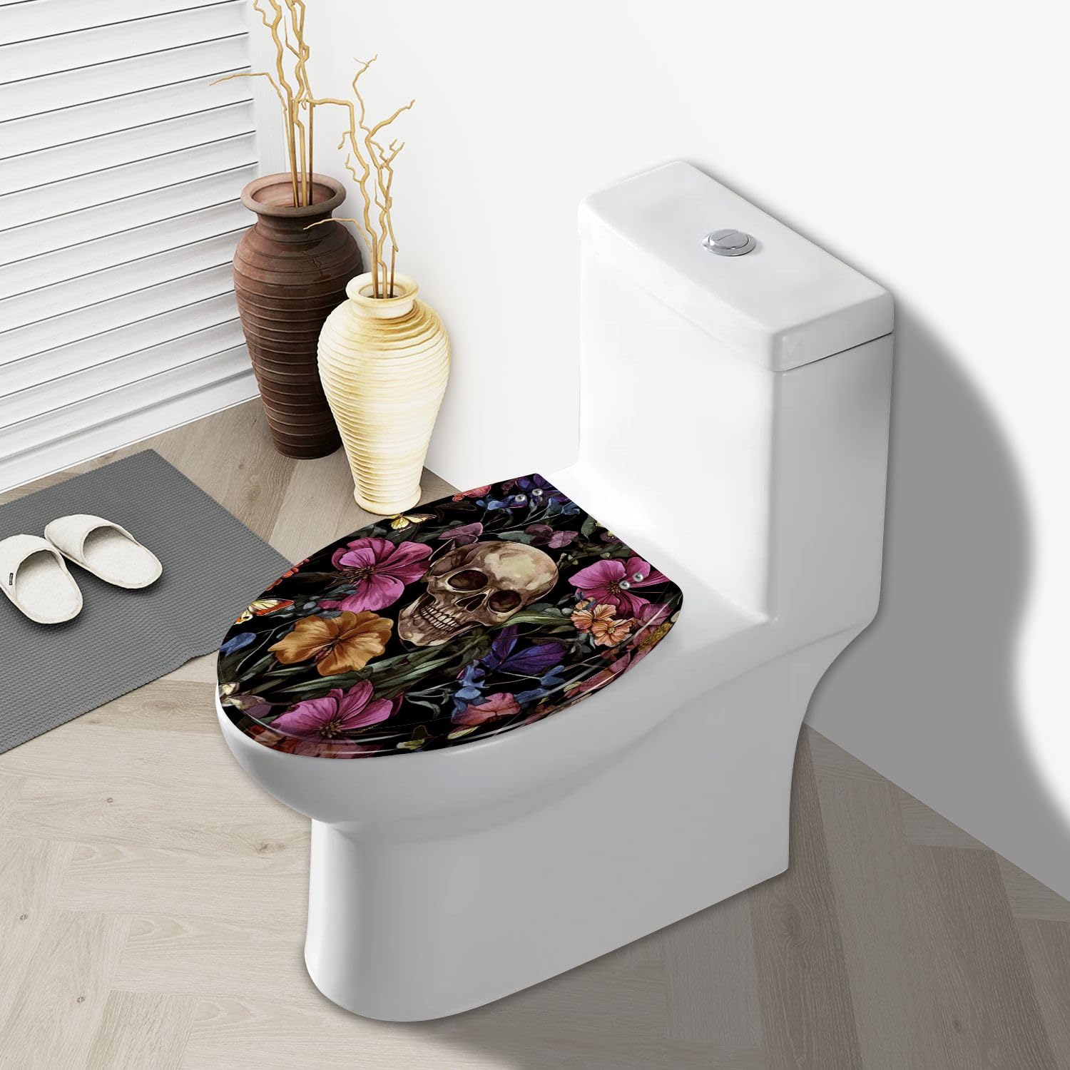 Sedile WC Allungato Decorativo In Resina con Copriwater: Teschio Ricamato, Farfalla E Fiore Tropicale, Chiusura Lenta E Silenziosa, Cerniere A Sgancio Rapido, Facile Da Pulire E Installare.