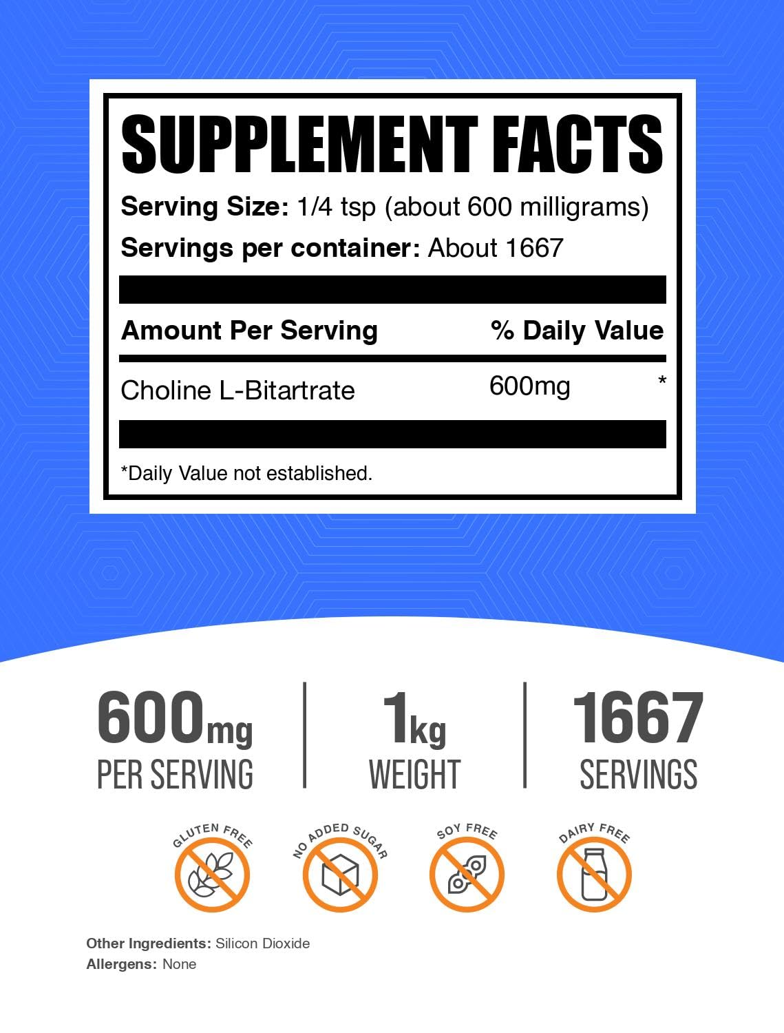 BulkSupplements.com Choline Bitartrate Powder - Choline Supplements - Unflavored & Gluten Free, 600mg per Serving, 1kg (2.2 lbs) (Pack of 1) — Amazon image 2