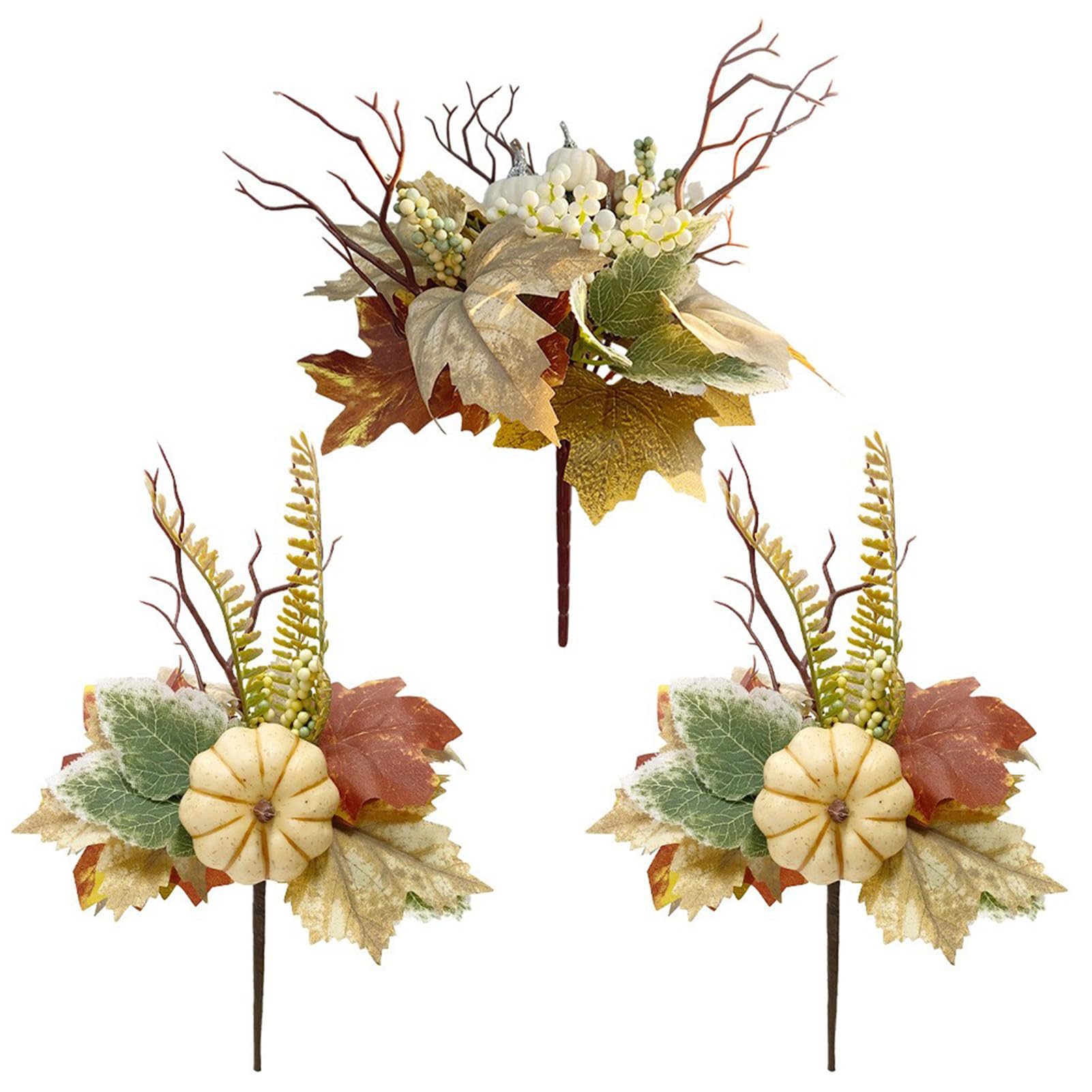 Muiltvoe 3pcs Fall Maple Leaf Stems with Pumpkins & Berries, 30cm White Pumpkin Maple Leaves Floral Picks for Autumn Halloween Thanksgiving Decor