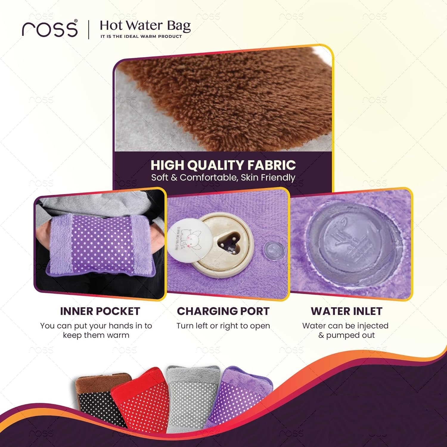 Ross Electric Hot Water Bag & Heating Pad | Rechargeable Gel Hot Bag with Soft Fur Cover & Hand Warmer Pockets | Fast Heating, No Water Filling | Pain Relief for Back Pain, Cramps, Muscle Aches & Winter Warmth (Multicolour) 4