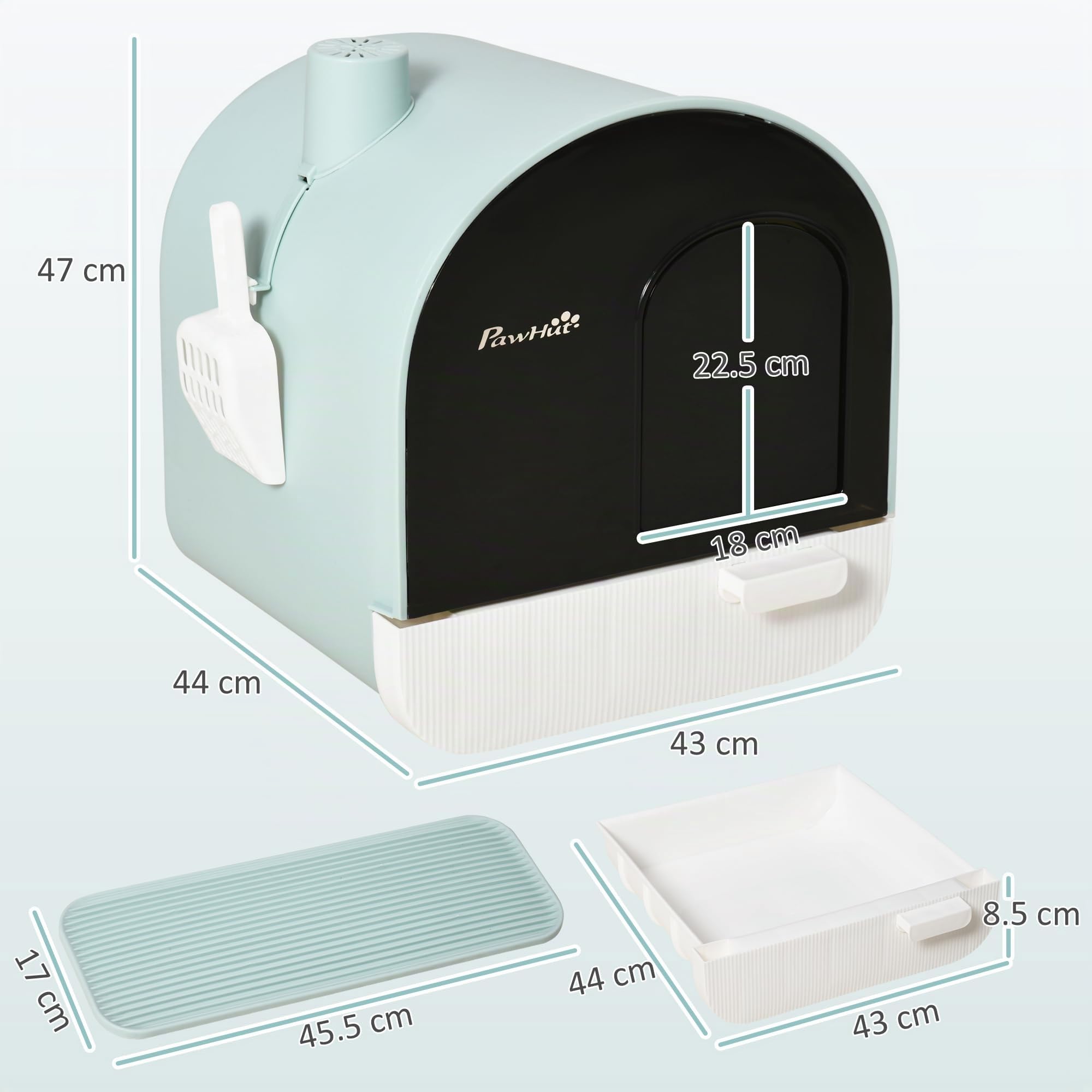 PawHut Lettiera per Gatti Chiusa, Casetta con Vassoio Estraibile, Paletta, Porta e Filtri Antiodore, Toilette per Gatti Antipertita con Tappetino, Verde, Bianco e Nero