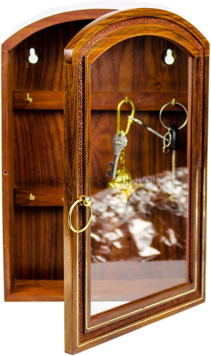 Nagina International Deluxe Rosewood Crafted Wooden Key Cabinet with 6 Key Hooks and Glass Panel | Decorative & Functional Key Storage Box