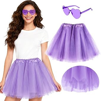 PLULON Tutu 5 Layers Skirt for Women Adults with Heart Sunglasses, Neon Princess Tutus Skirt for Bachelorette Music Festivals