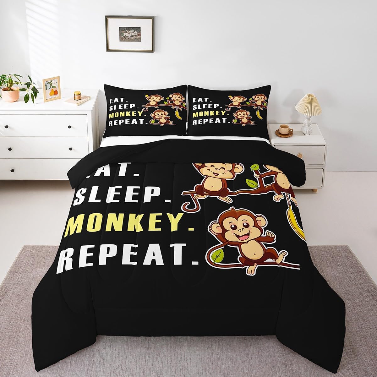 Feelyou Monkey Comforter Set Cute Kawaii Animal Toddler Bedding Bed Set for Kids Boys Girls Eat Sleep Monkey Theme Design Comforter Lovely Animals Quilt Set Bedroom Collection 2Pcs Twin Size
