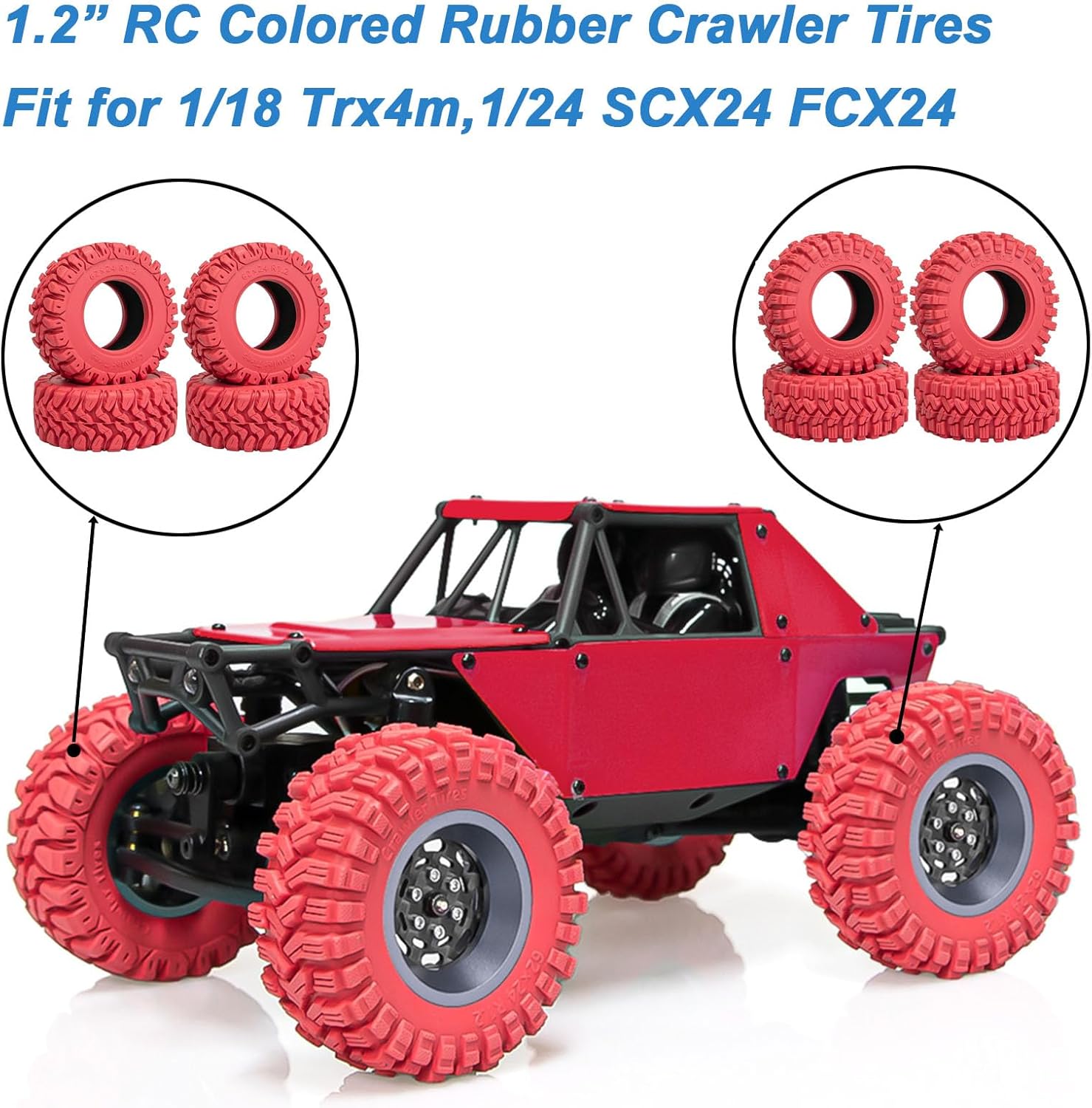 4PCS RC 1.2" Beadlock Tires 62 * 24mm Colored Rubber Crawler Tires for 1/18 Trx4m,1/24 SCX24 FCX24 RC Crawler Car (Red A)