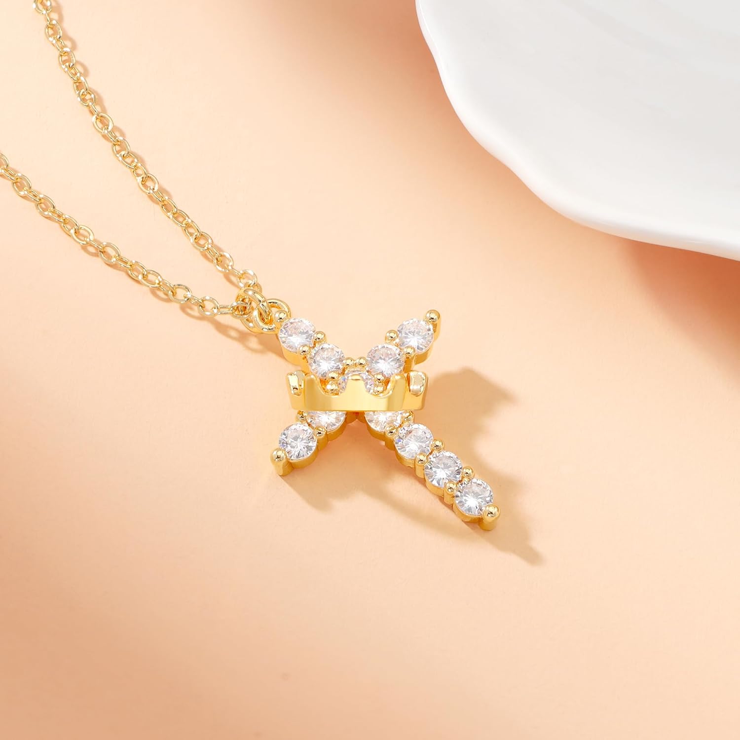 Lcherry Crown Cross Necklace for Women - Gold plated Faith Cross Necklace Christian Baptism First Communion Gifts for Women - Image 3