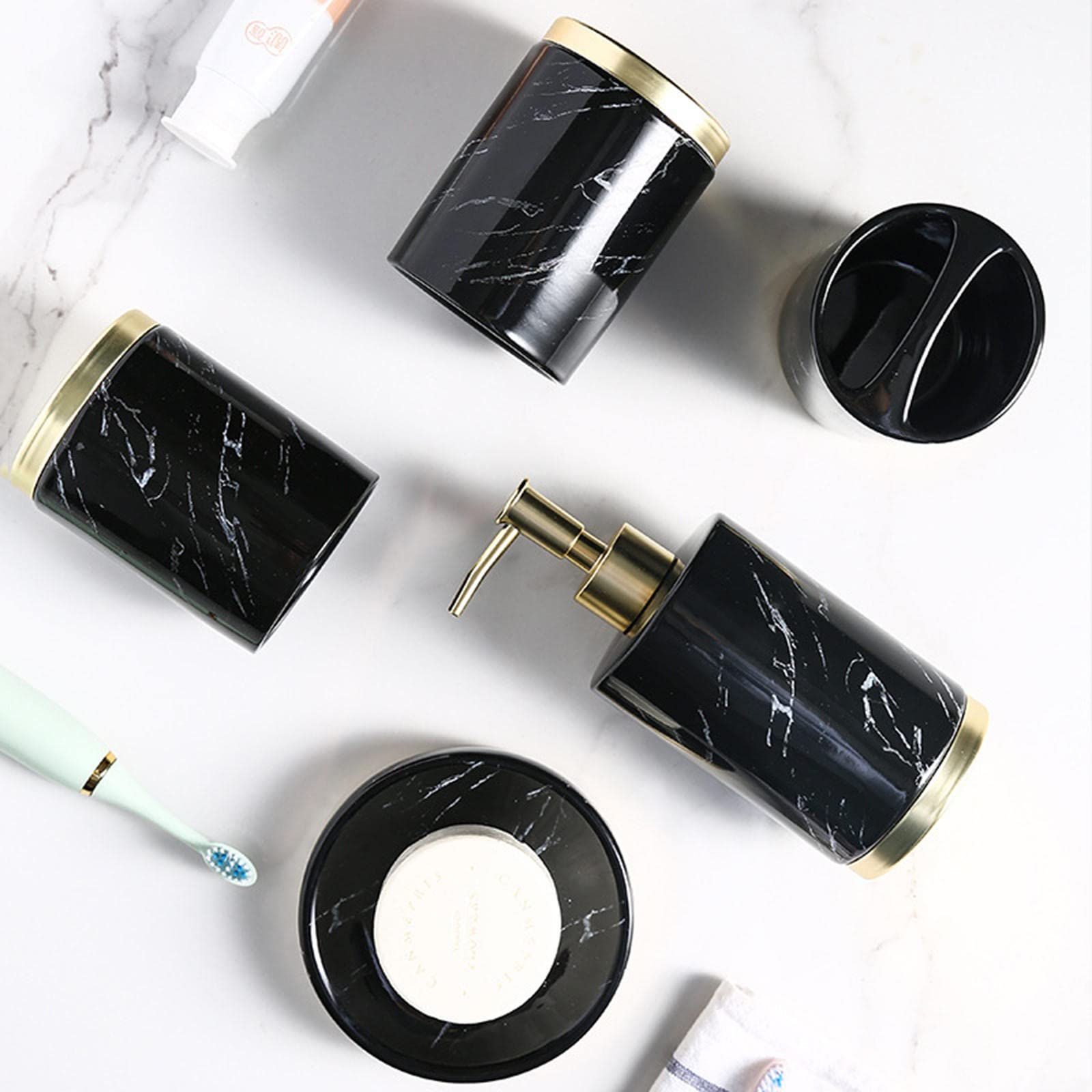 Juego de accesorios de baño, juego de accesorios de baño de cerámica, juego de baño de mármol de 5 piezas, ideas de regalo para el hogar para artículos de decoración del hogar (negro)