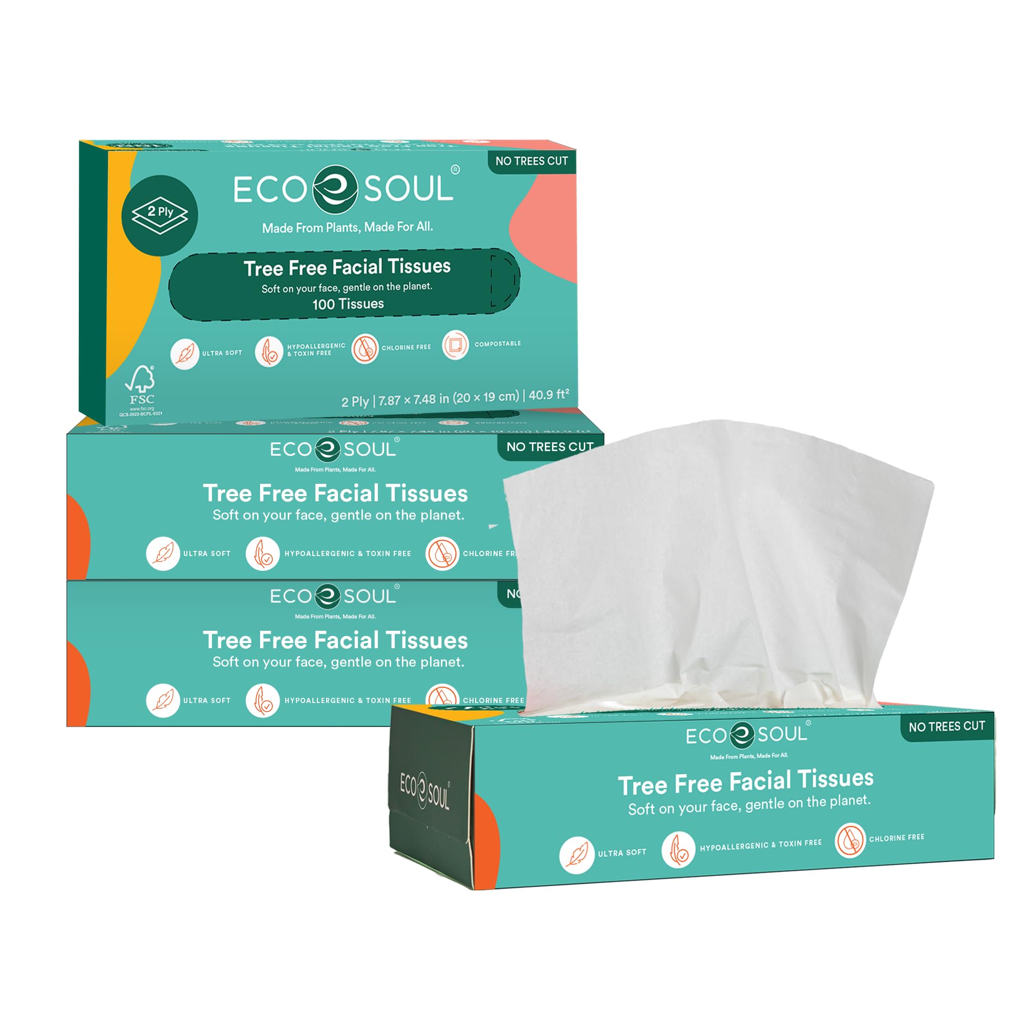 [2 Ply, 100 Pulls] Tree-Free Paper Facial Tissue | Pack of 1 (100 Pulls Per Pack) | Ultrasoft & Highly Absorbent | Eco Friendly, Natural, Biodegradable | Everyday Facial Tissue