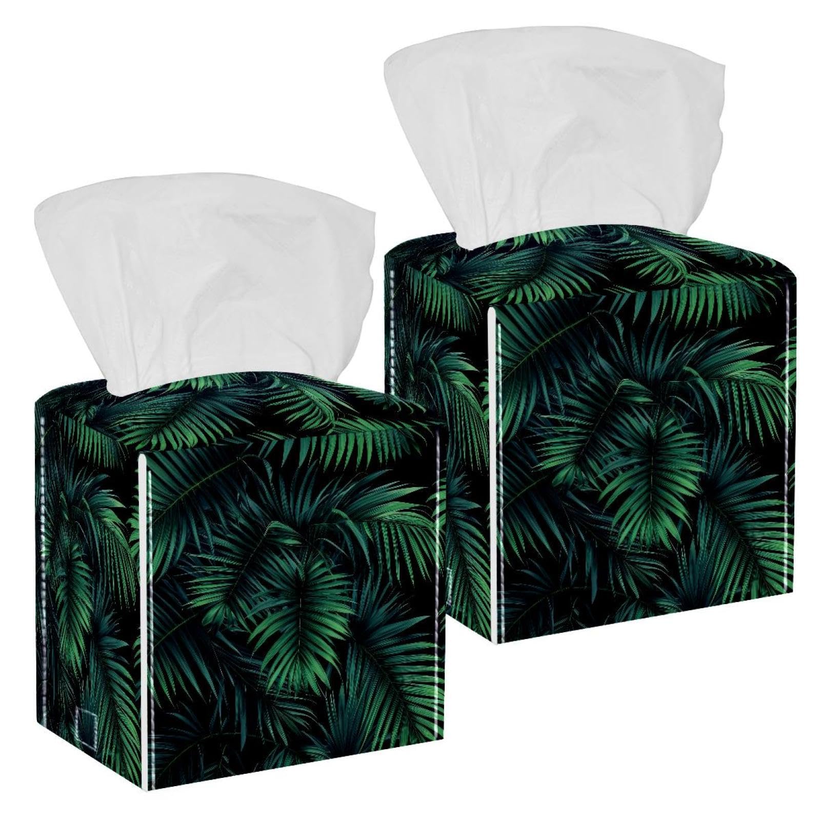Tropical Palm Tissue Box Cover, 2 Pack PU Leather Square Facial Tissue Dispenser Box holder for Home Office Car