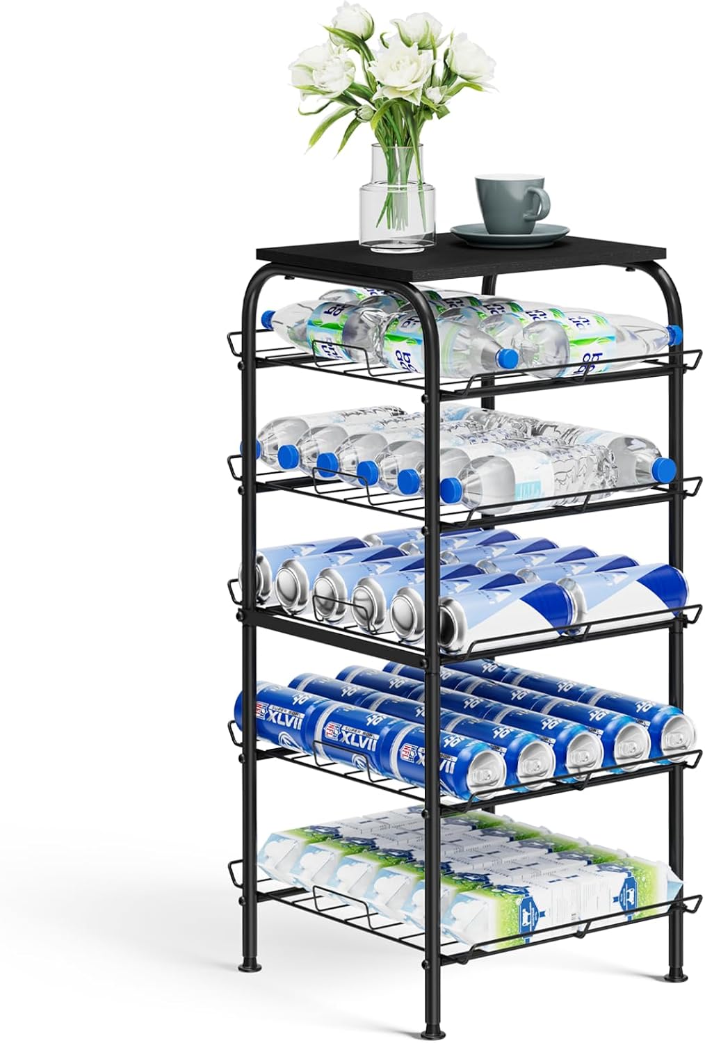 Vrisa 5 Tier Water Bottle Storage Rack Vertical Freestanding Bottled Water Organizer Large Capacity Beverage Drink Soda Can Holder Stand for Kitchen Pantry Home Party Food Storage, Black