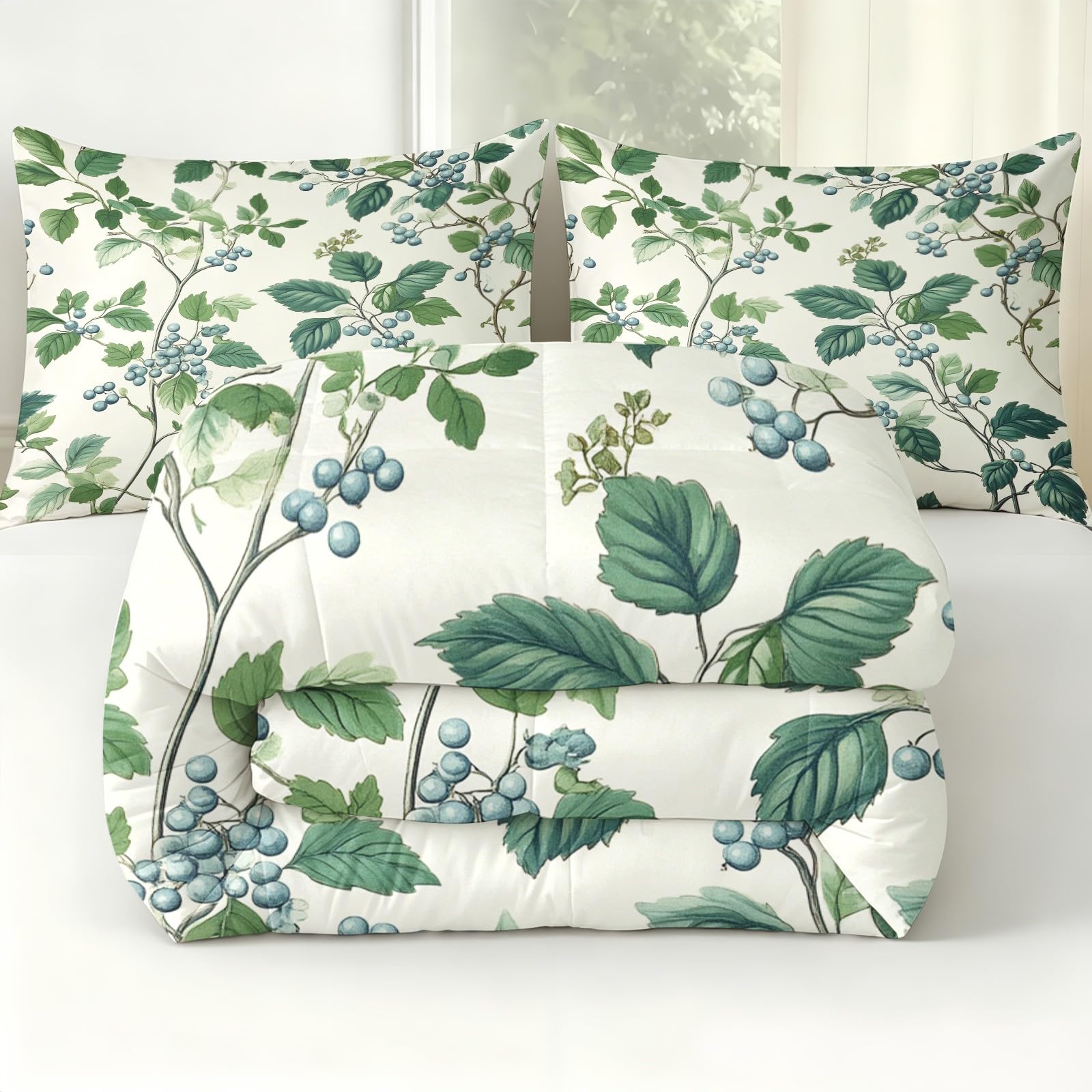 Edredón Cama 90 135 x 200 cm Hojas y Bayas pequeñas 4 Estaciones, Relleno Nórdico Microfibra Verde 2 Fundas, Lavable