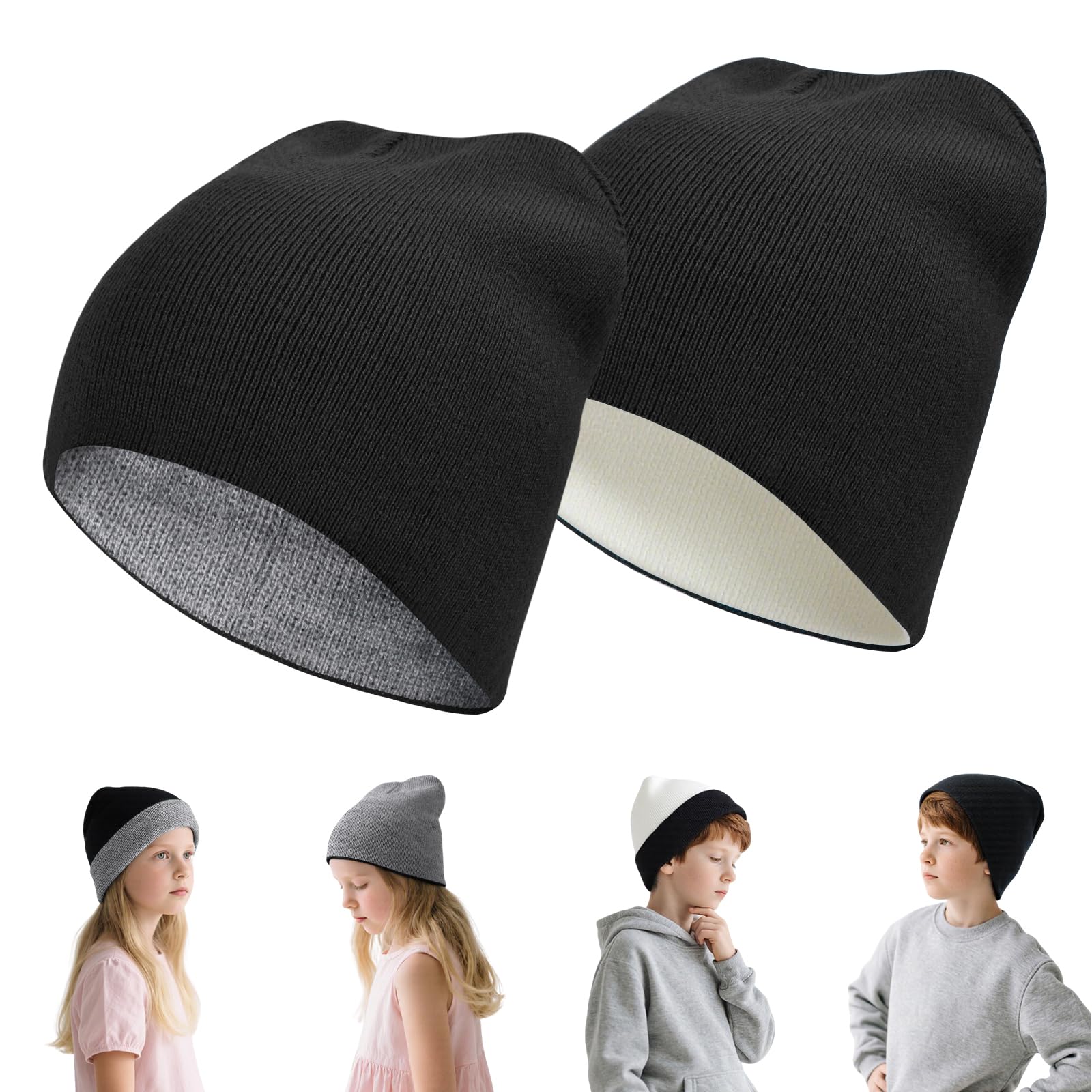 Rosoz Kids Reversible Skull Beanie for Boy Girl, Kids Winter Warm Beanie