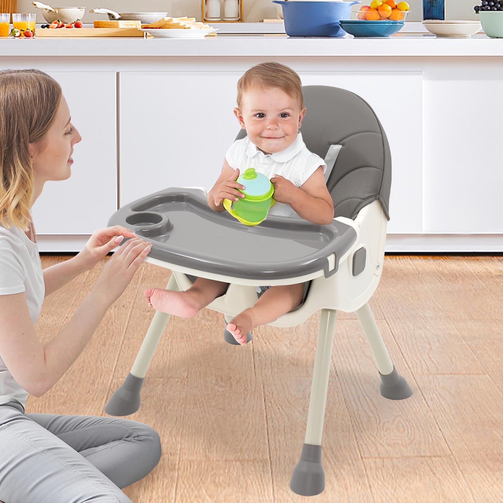 Chaise Haute Convertible 5 en 1 pour Bébés et Jeunes Enfants : Siège Réglable en Hauteur,Dossier,Repose-pieds,Coussin Amovible en PU et Double Tablette